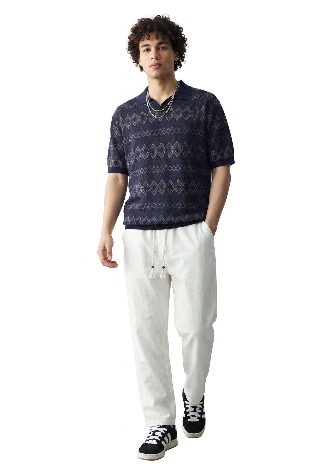 Jacquard Navy Knit Polo T-Shirt