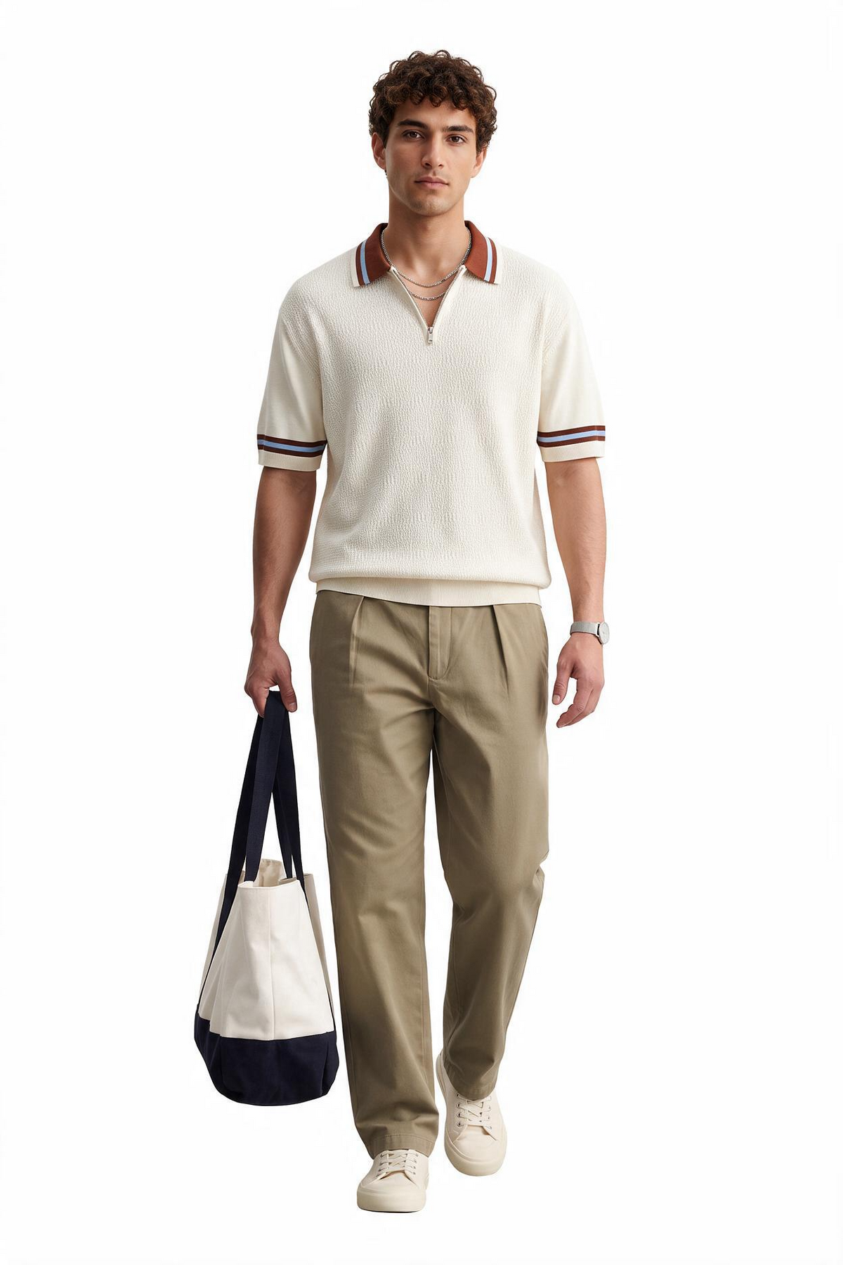 Zip Collar Cream Knit Polo