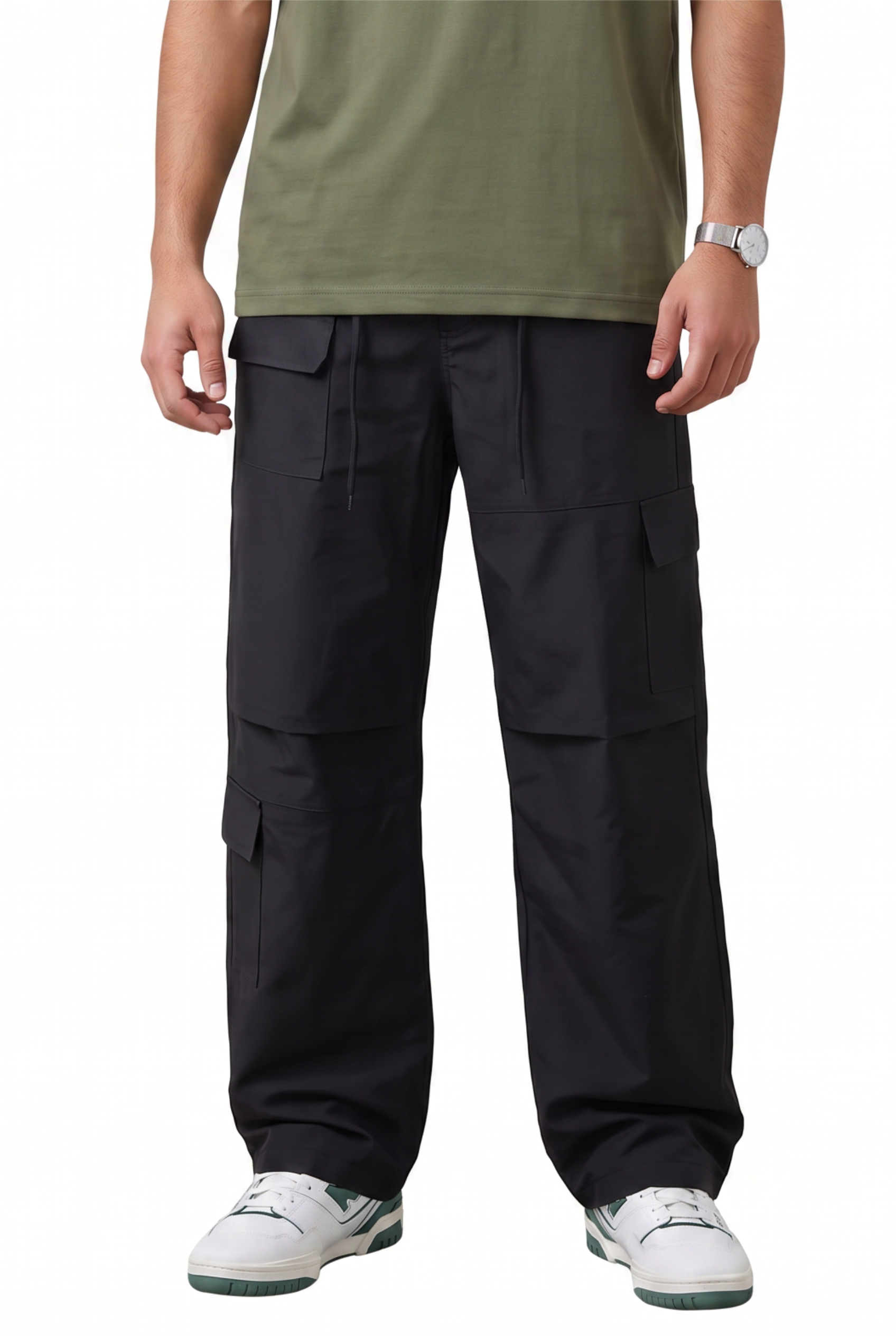 Black Drawstring Straight Casual Trousers