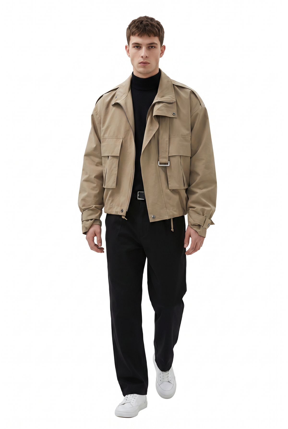 Belted Beige Utility Cropped Jacket