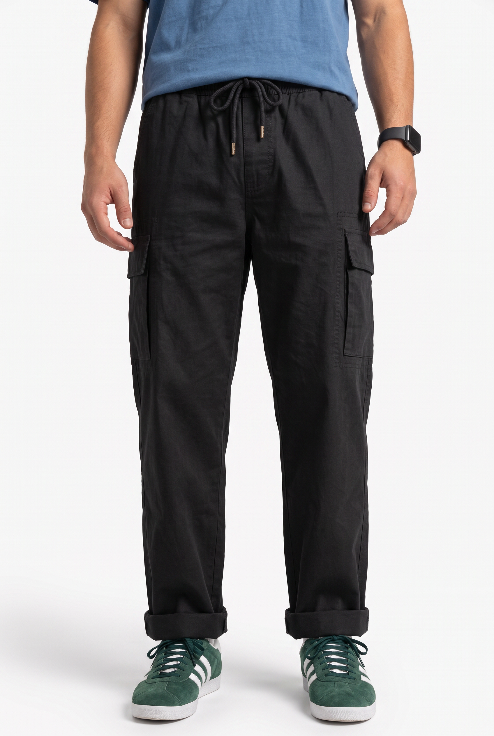 Black Drawstring Straight Casual Trousers