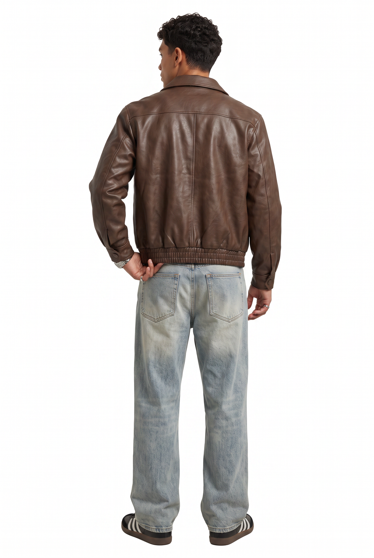 Collared Brown Leather Bomber Jacket