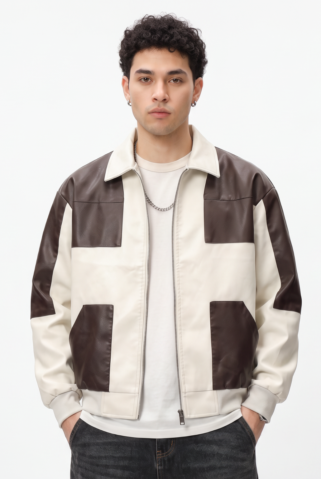 Cream Zip Mandarin Collar Jacket