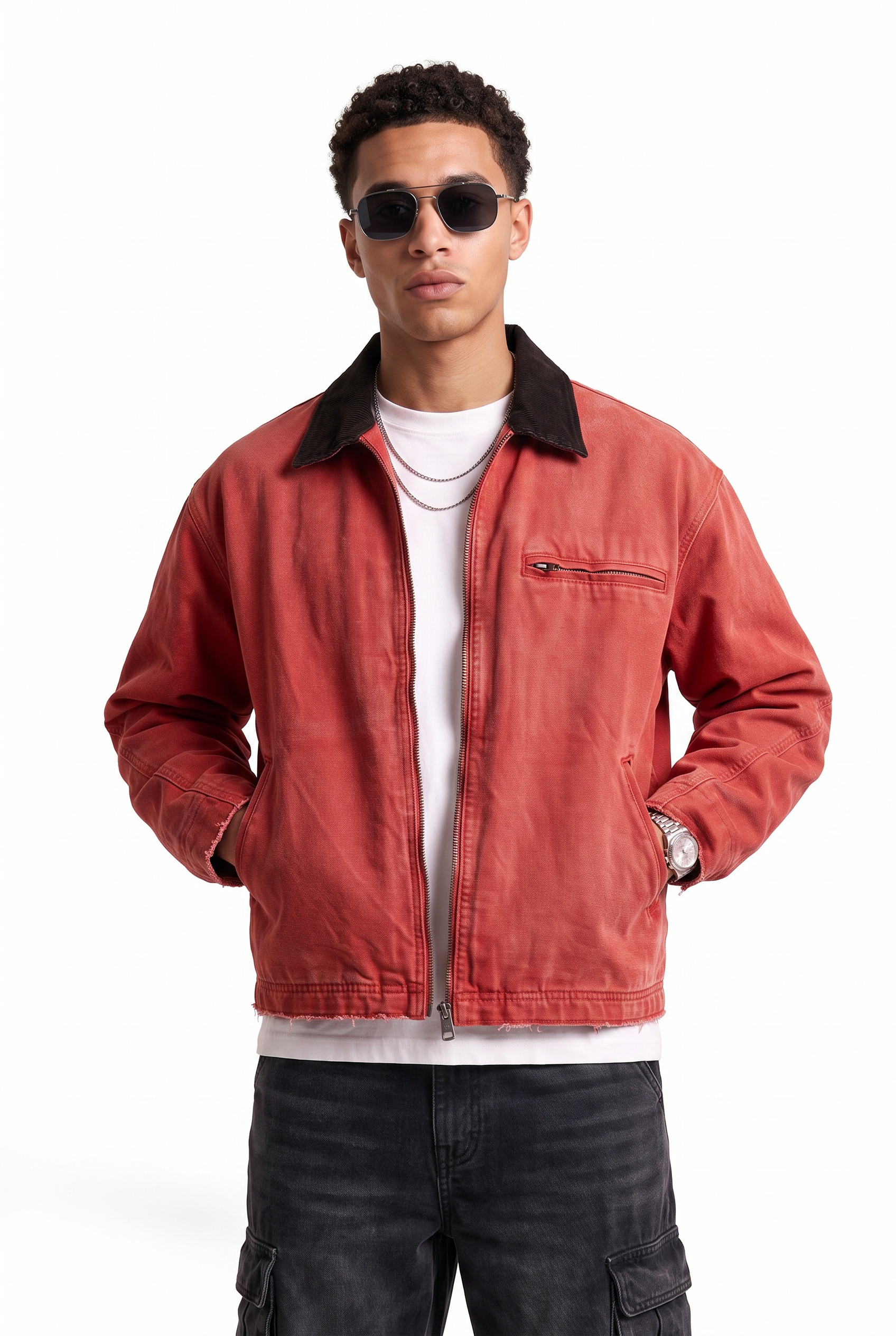 Red Zip-Up Mandarin Collar Jacket