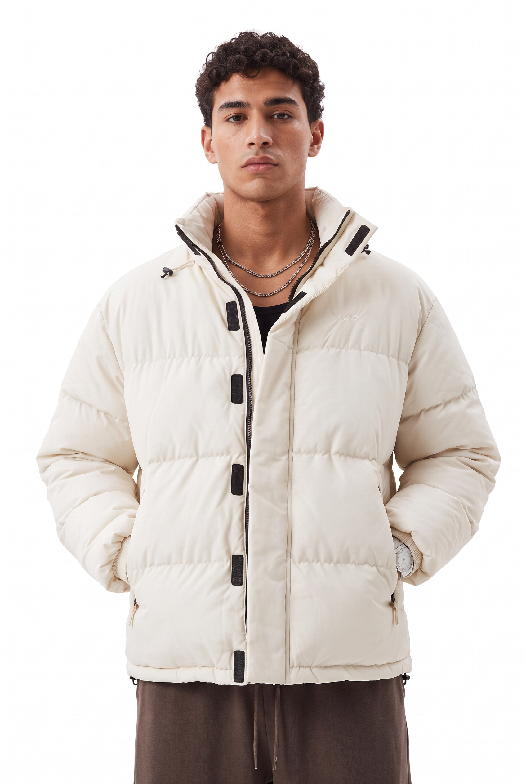 Cream Zip-Up Mandarin Collar Jacket