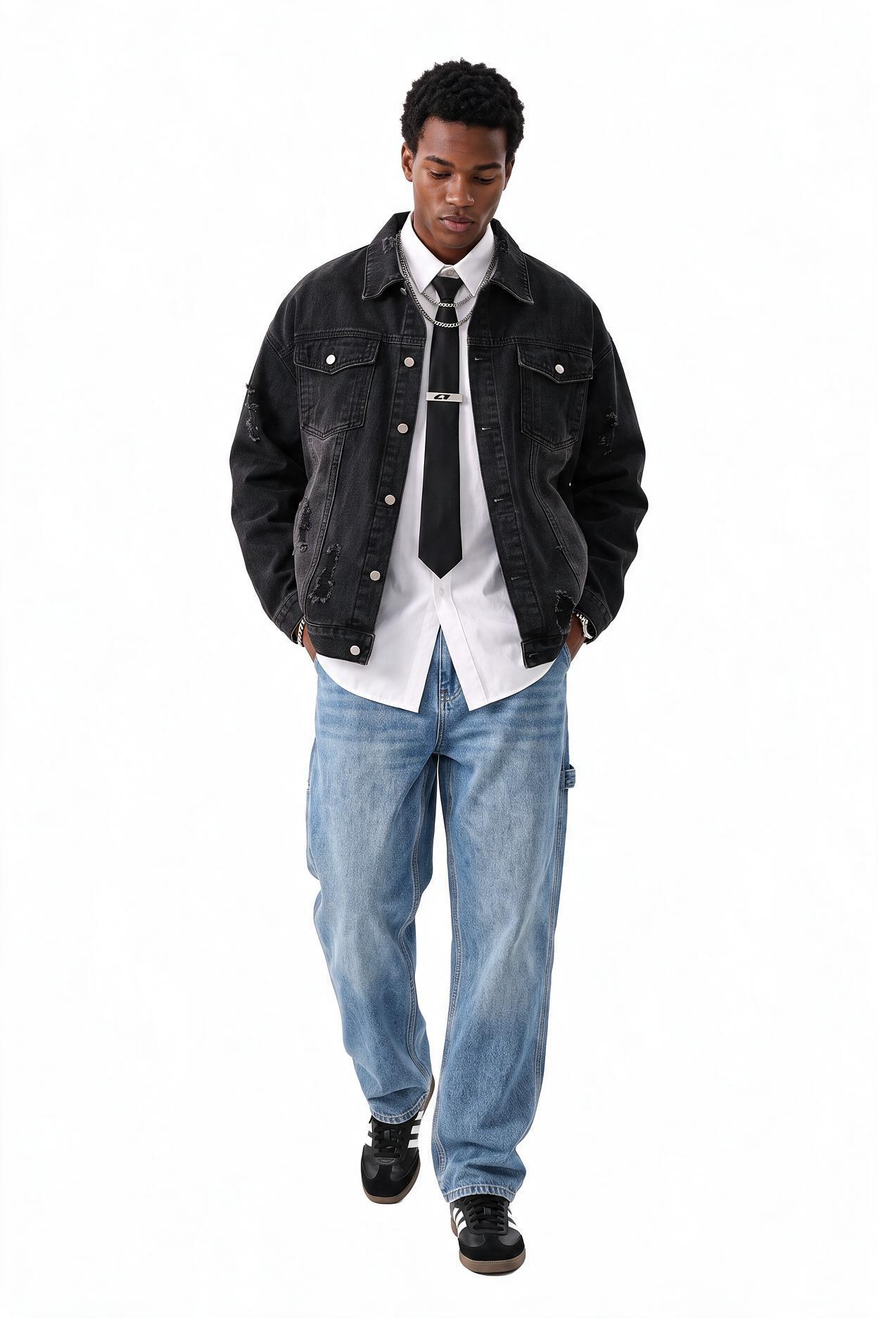 Black Zip-Up Mandarin Collar Jacket
