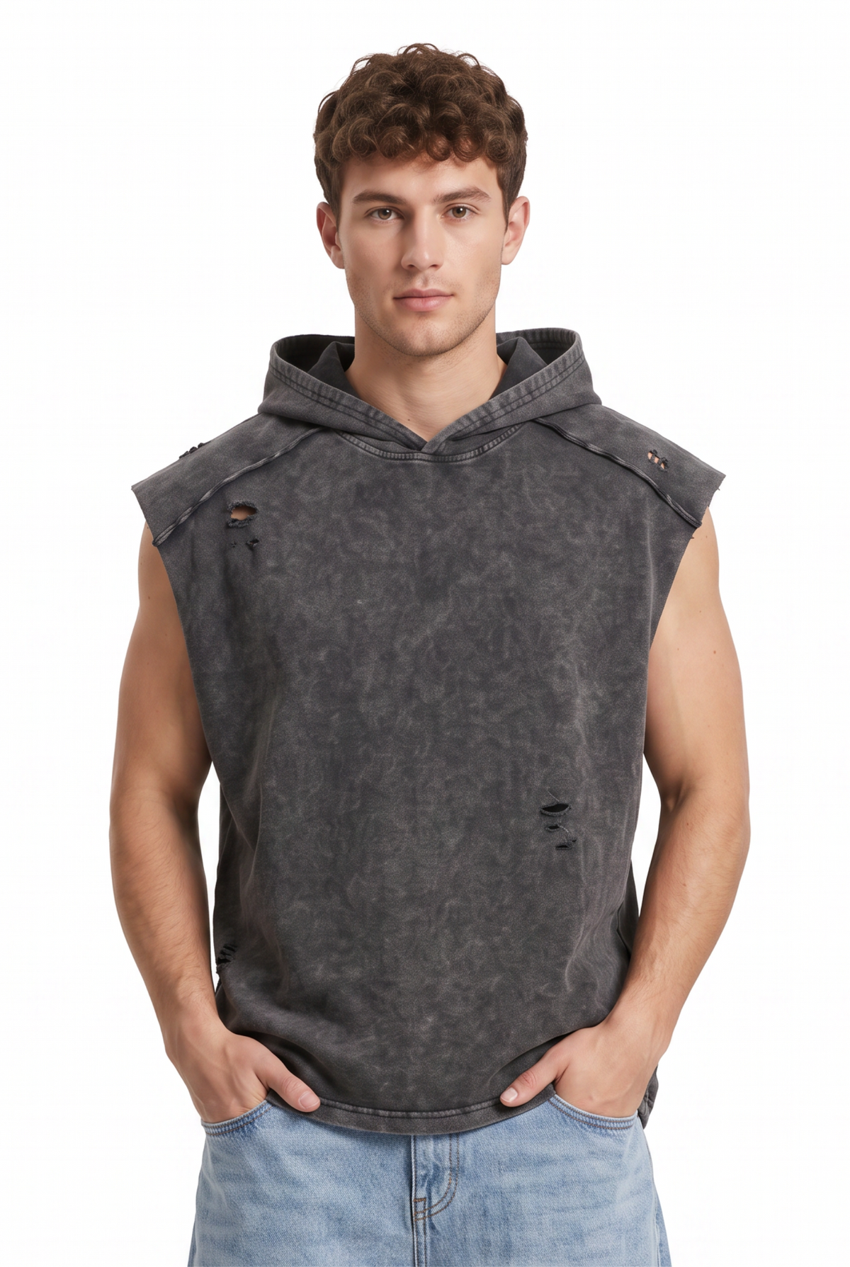 Distressed Charcoal Sleeveless Hoodie
