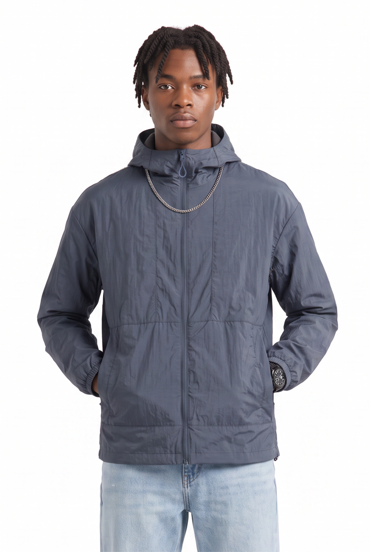 Crinkle Navy Hooded Windbreaker Jacket
