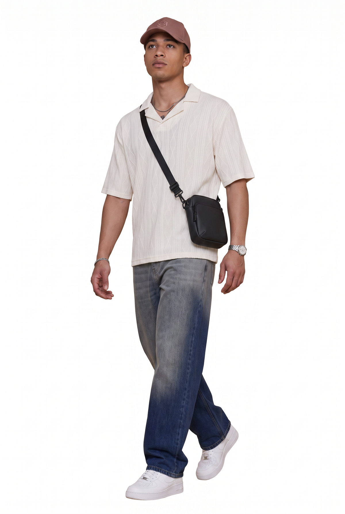 Textured Cream Open Collar Polo