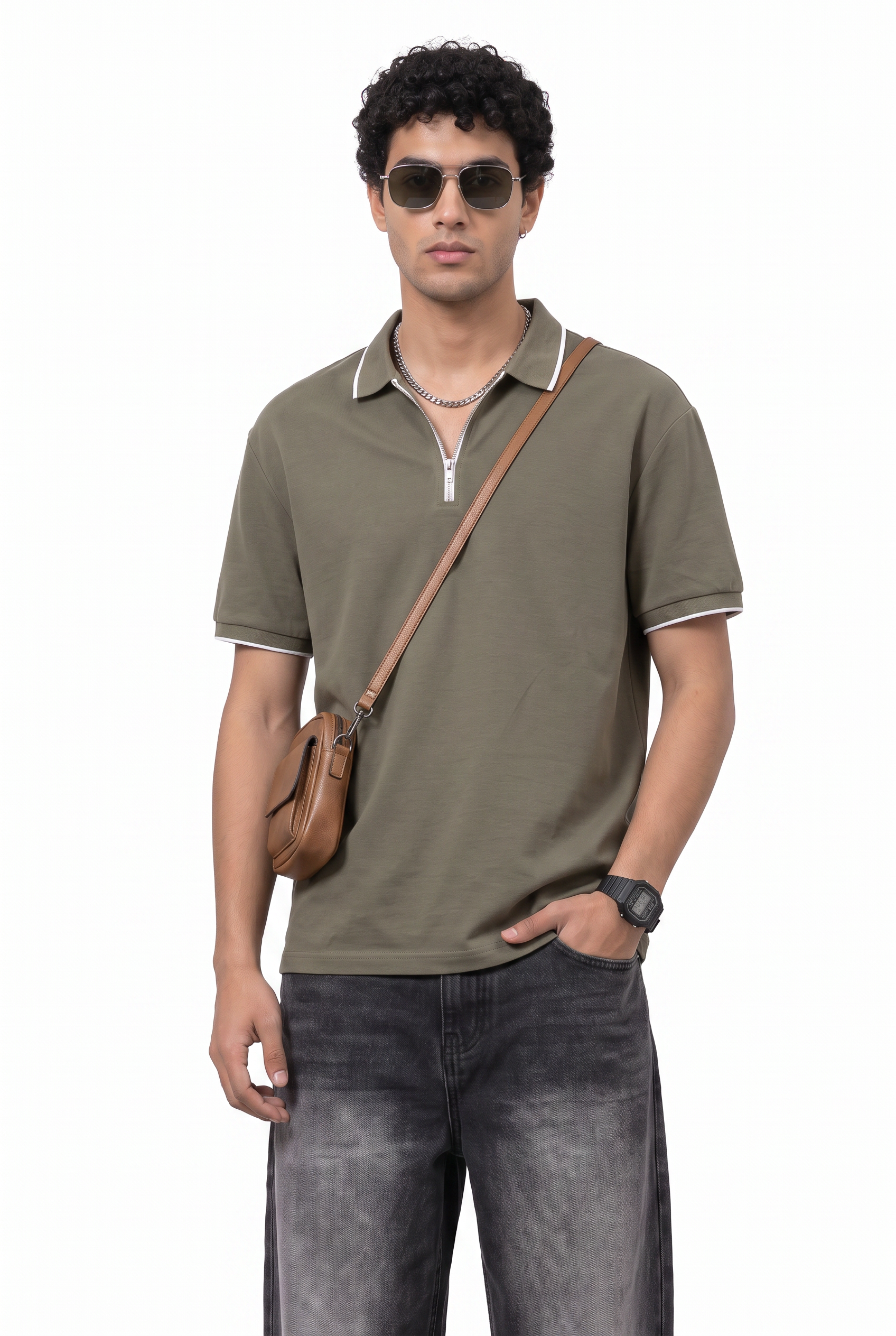 Olive Chest Pocket Round Neck Tee