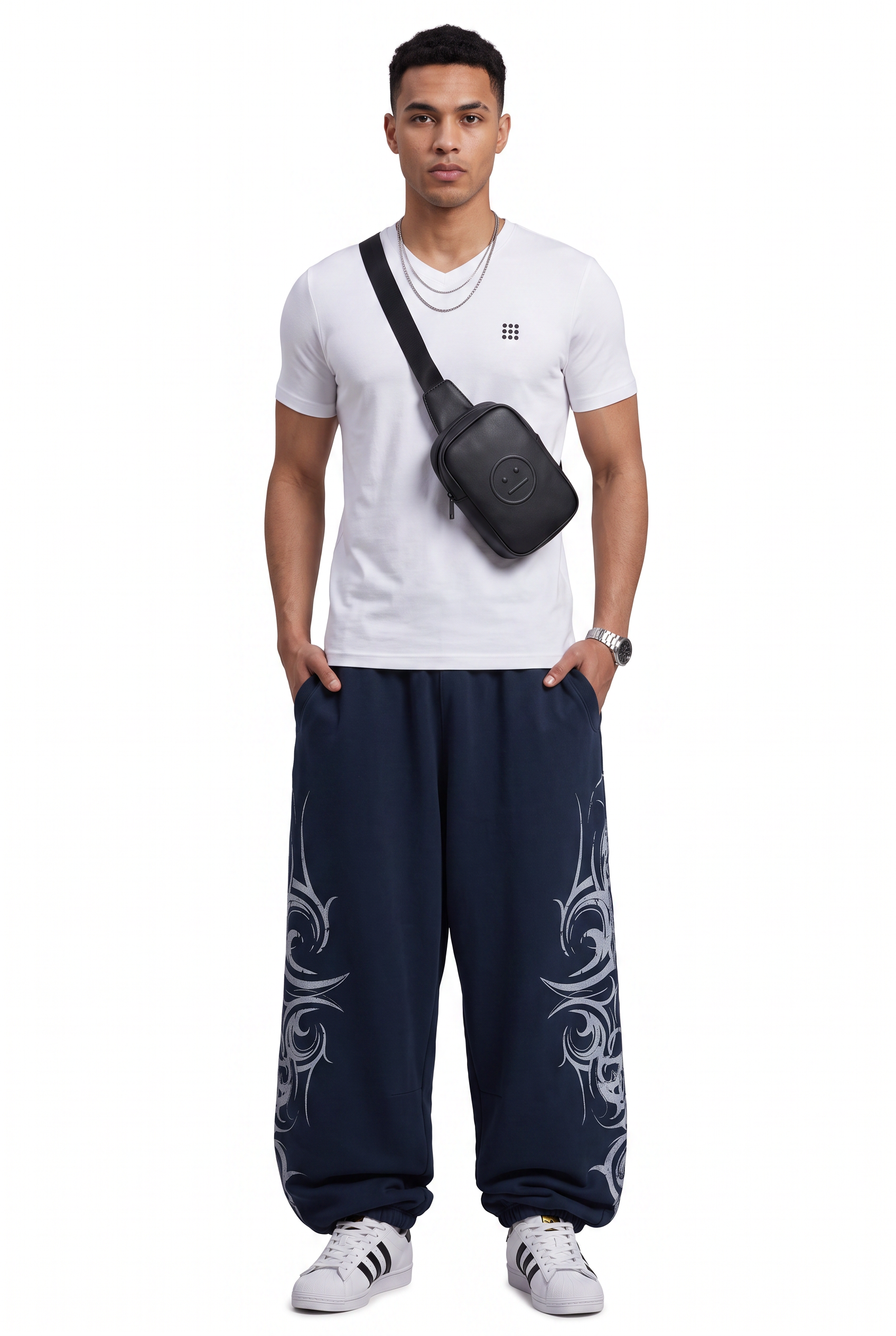 Navy Drawstring Straight Casual Trousers
