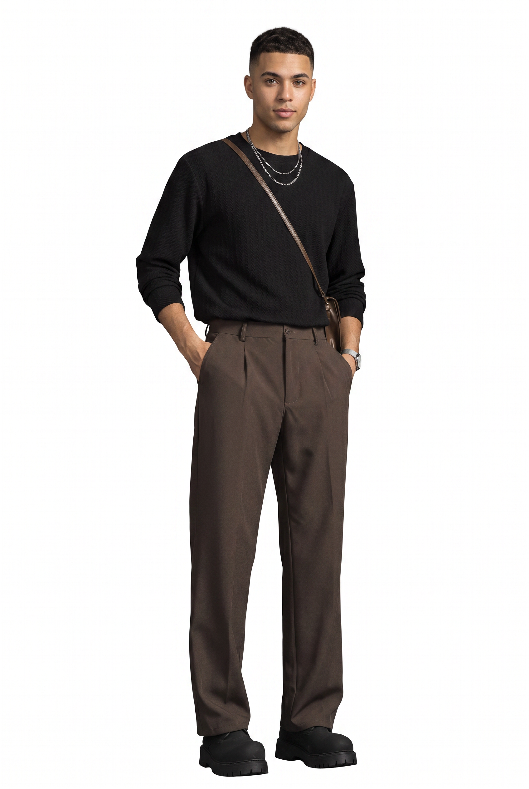 Brown Flat Front Slim Formal Trousers