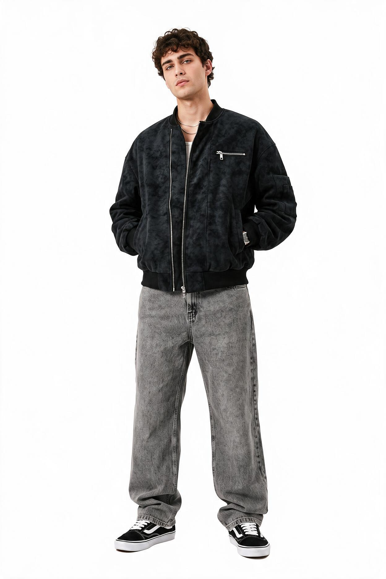 Black Zip-Up Mandarin Collar Jacket