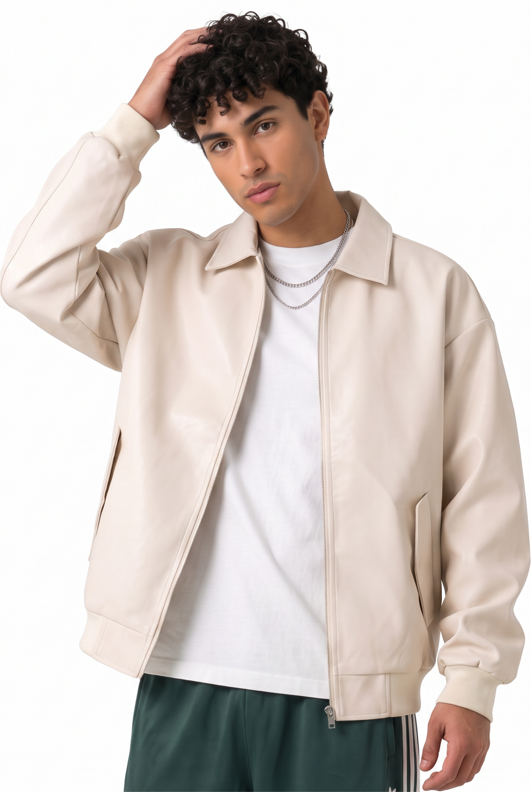 Cream Zip Mandarin Collar Jacket