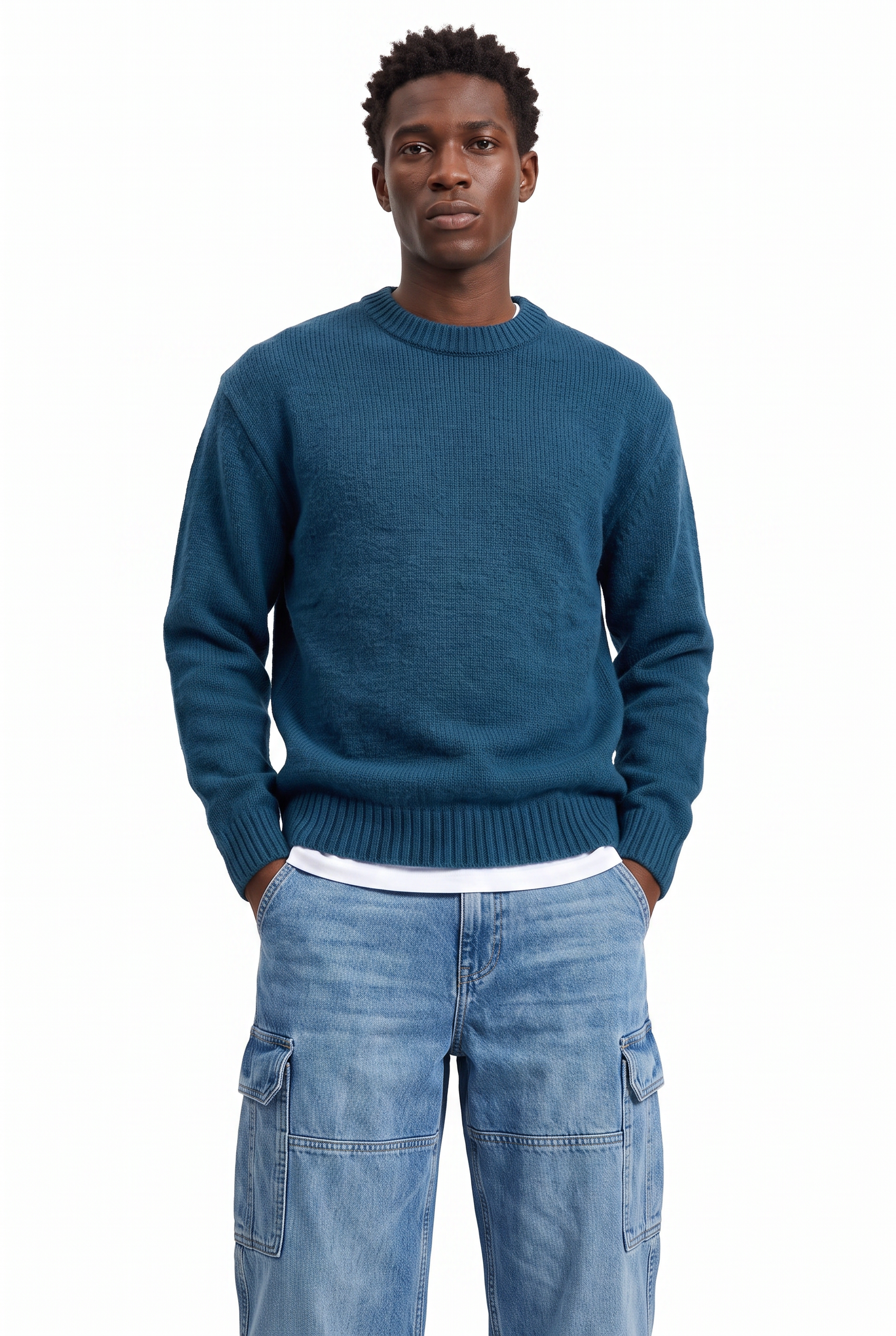 Steel Blue Ribbed Crew Neck Sweater