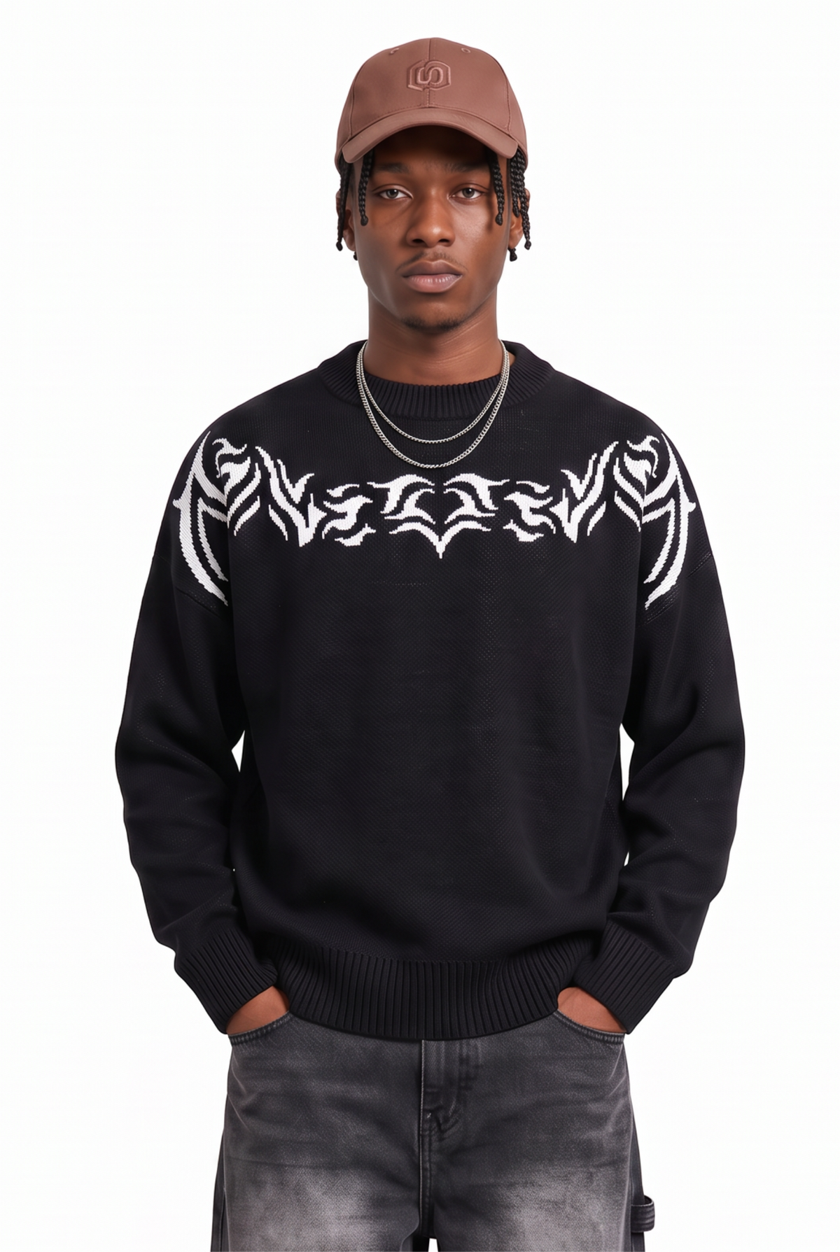 Tribal Knit Black Crewneck Sweater