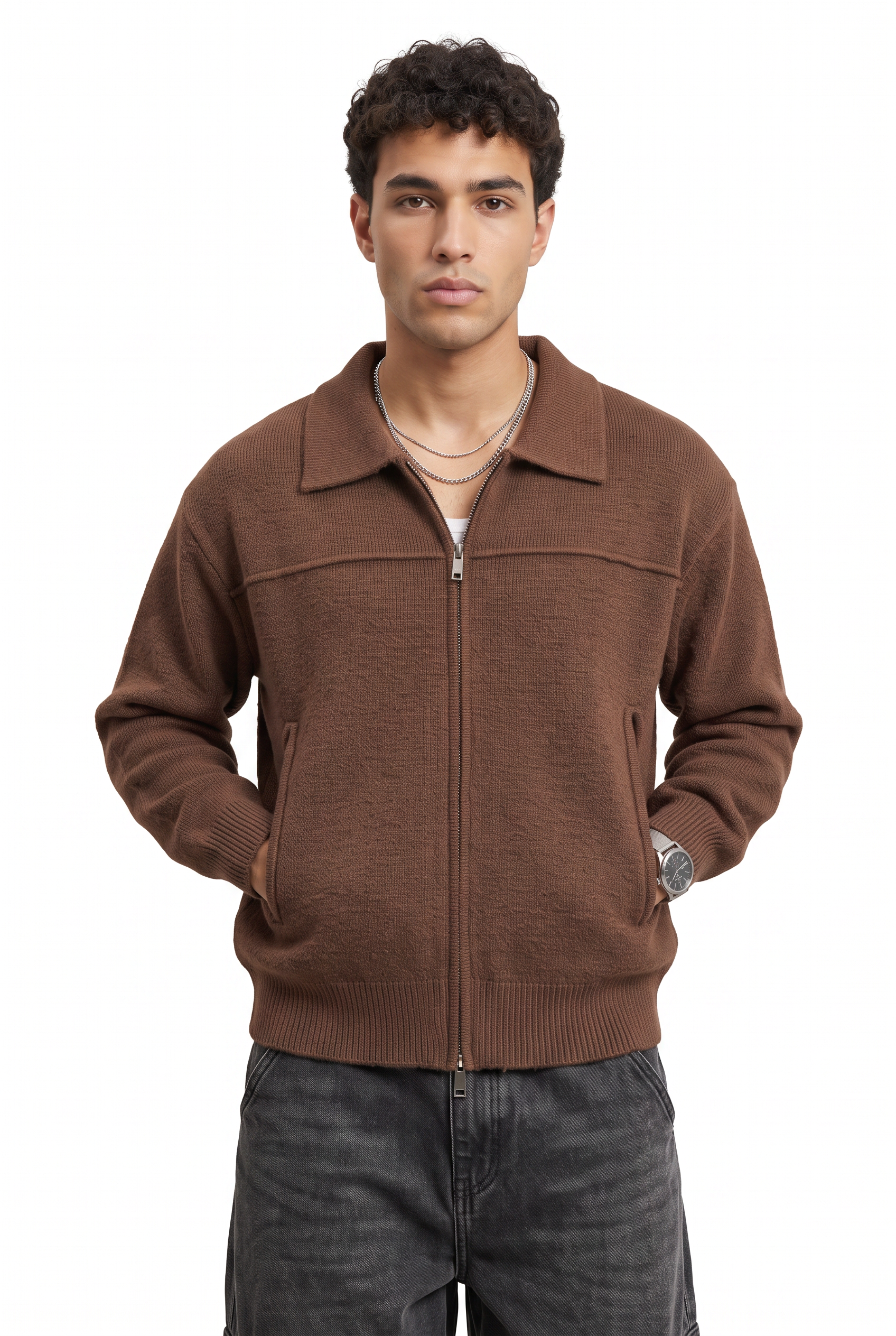 Brown Zip-Up Mandarin Collar Jacket