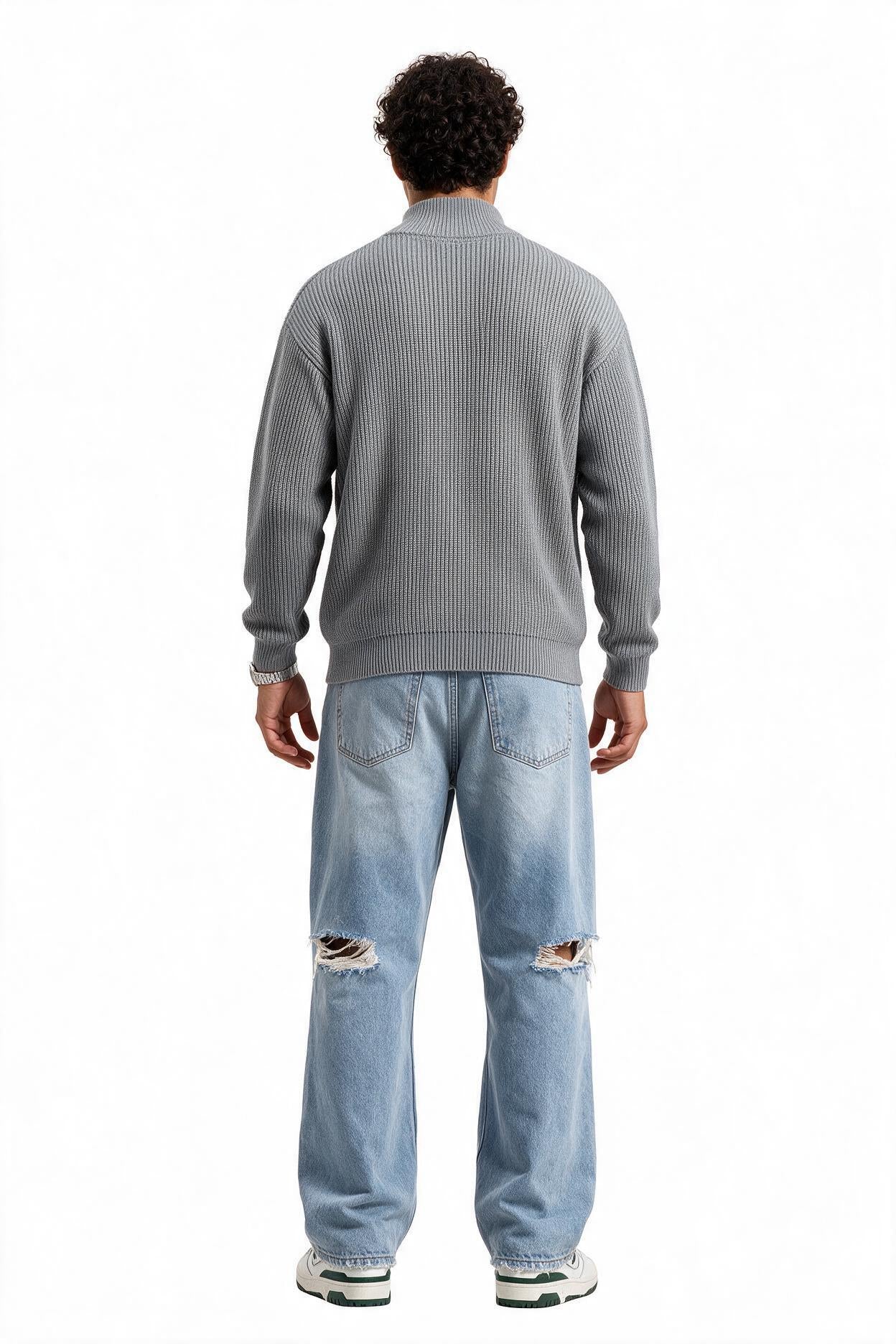Grey Ribbed Crew Neck Sweater