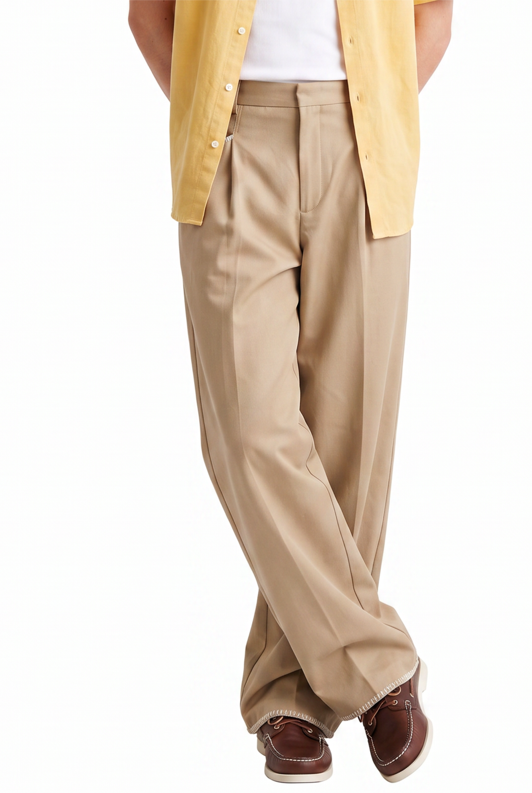 Beige Drawstring Straight Casual Trousers