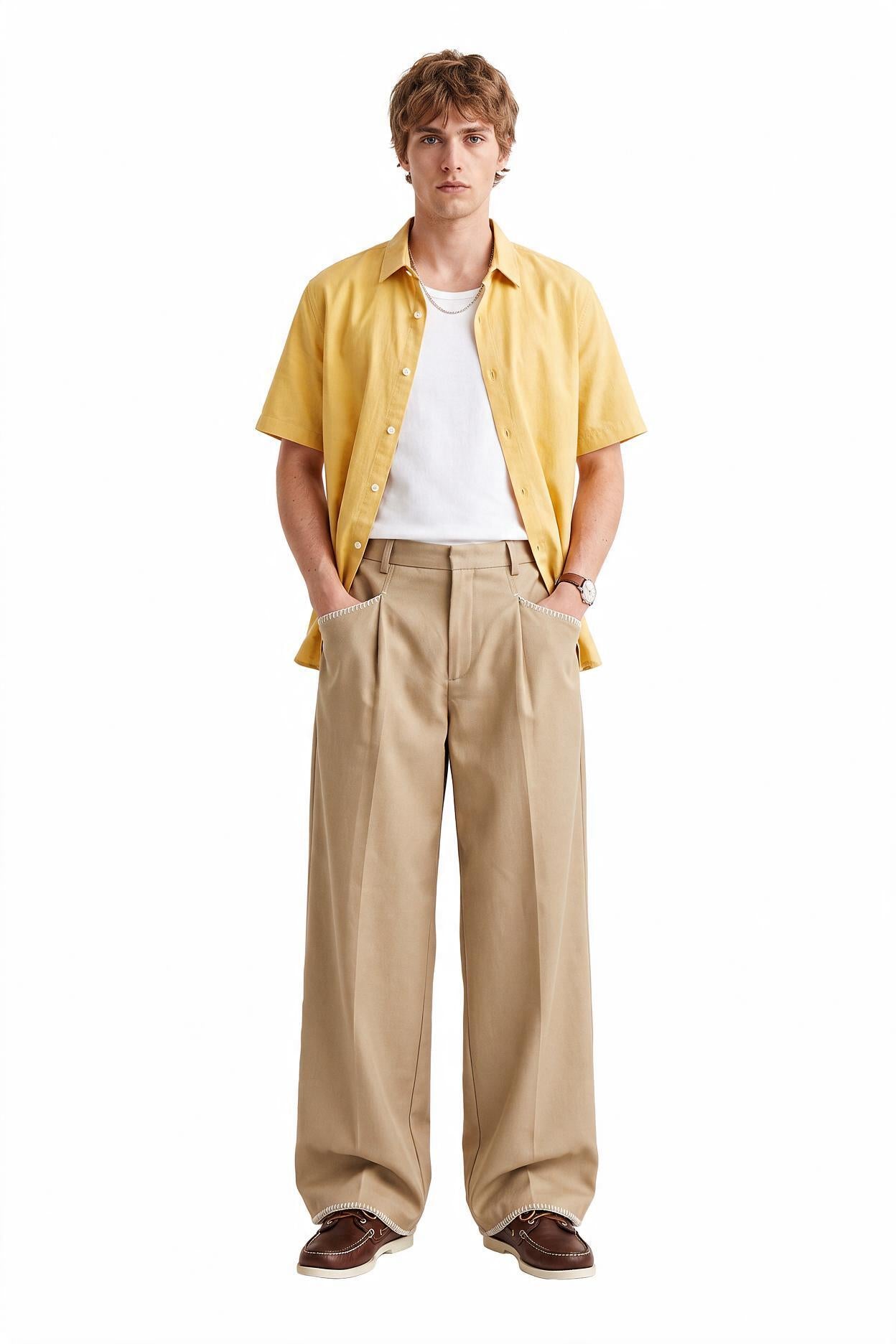 Beige Drawstring Straight Casual Trousers