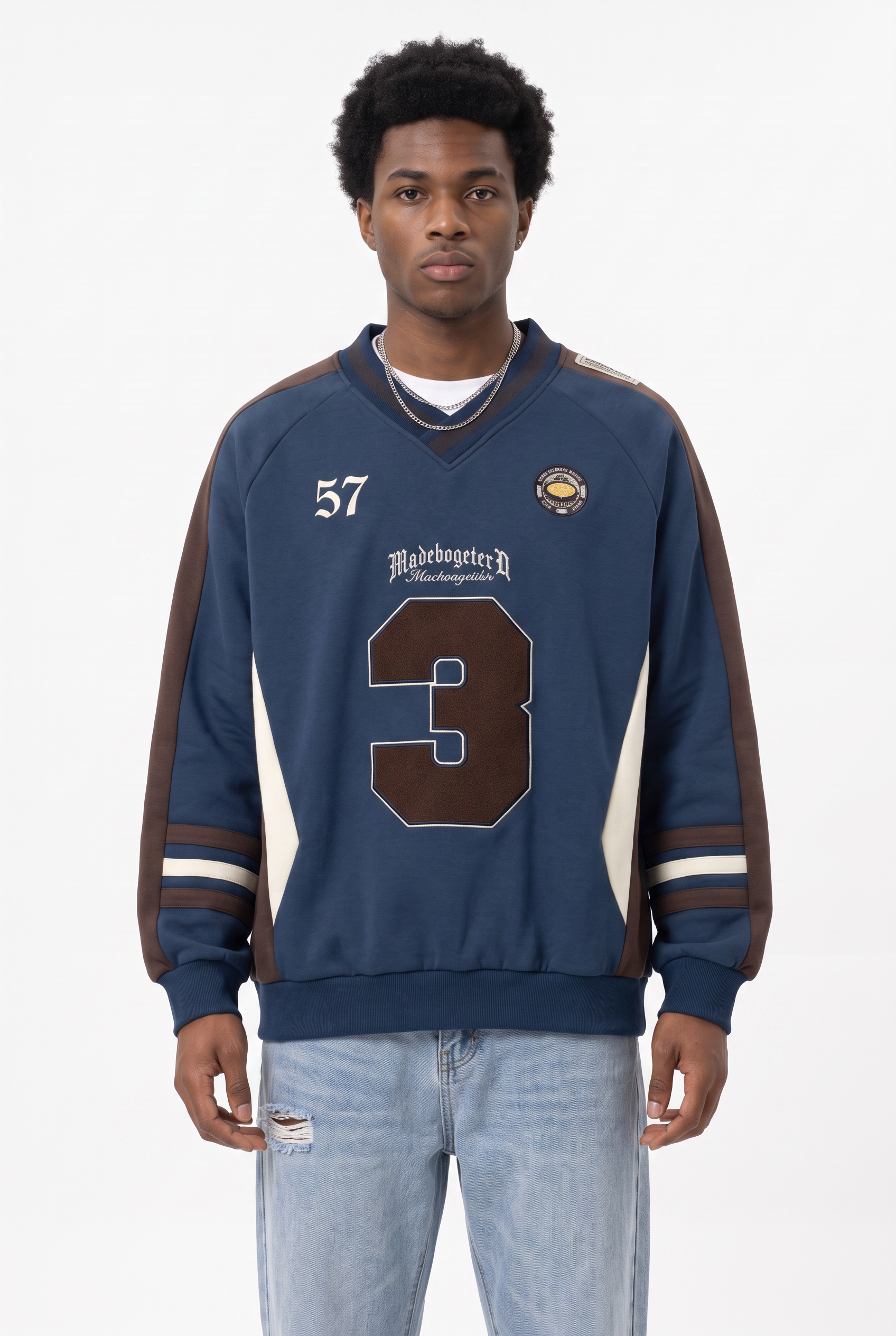 Steel Blue Ribbed Crew Neck Sweatshirt