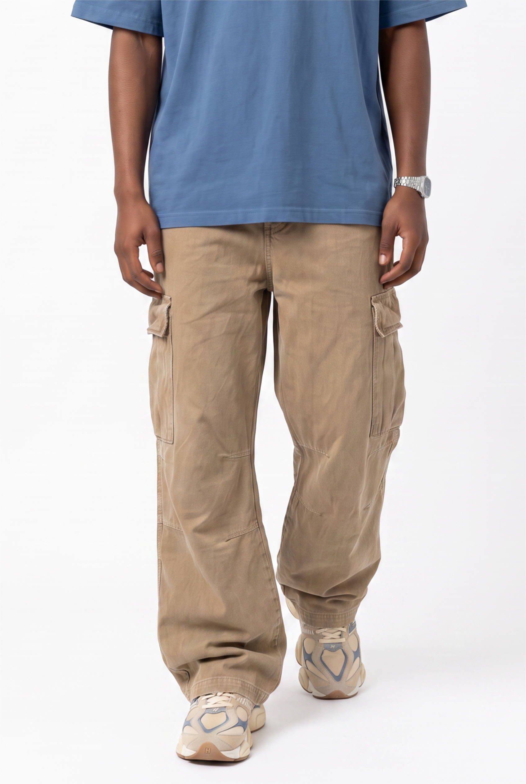 Beige Drawstring Straight Casual Trousers