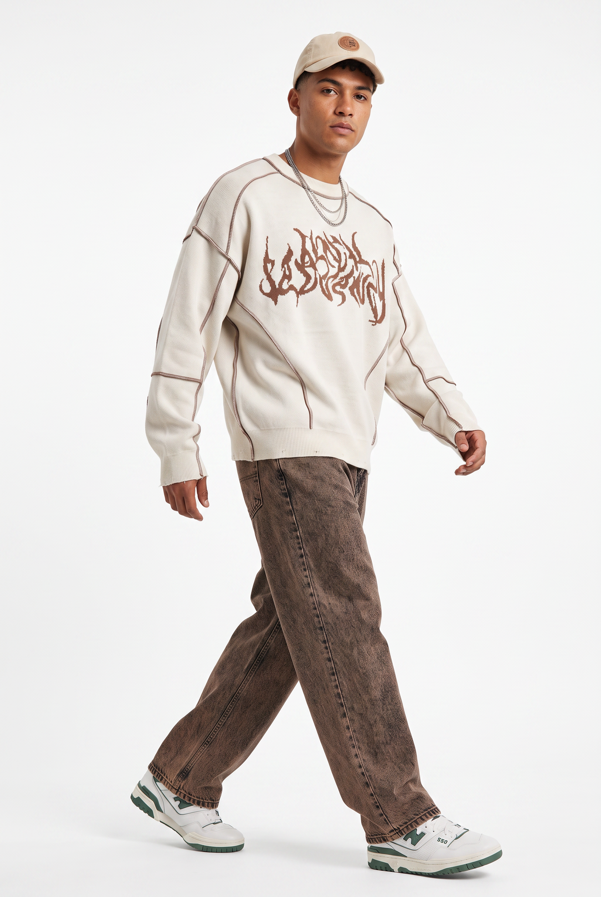 Contrast Stitch Cream Graphic Sweater