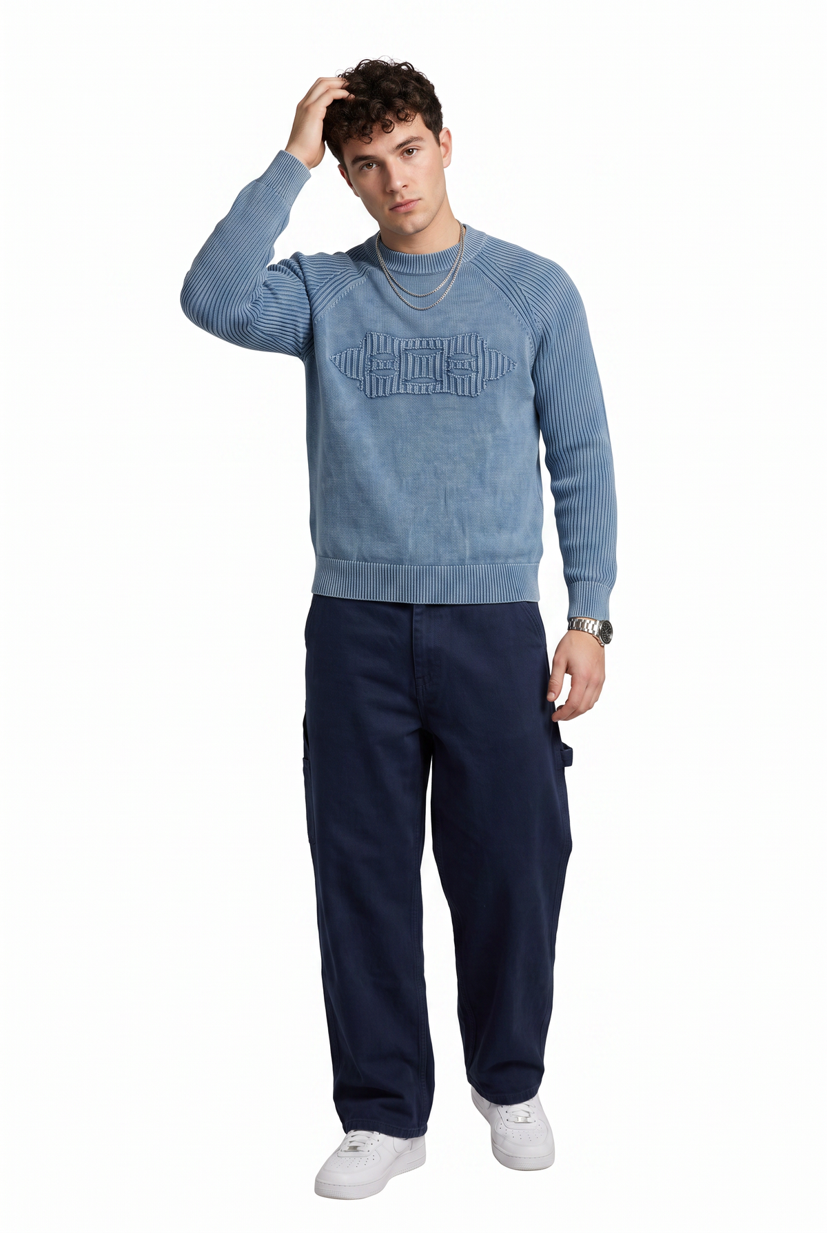 Washed Blue Ribbed Knit Sweater