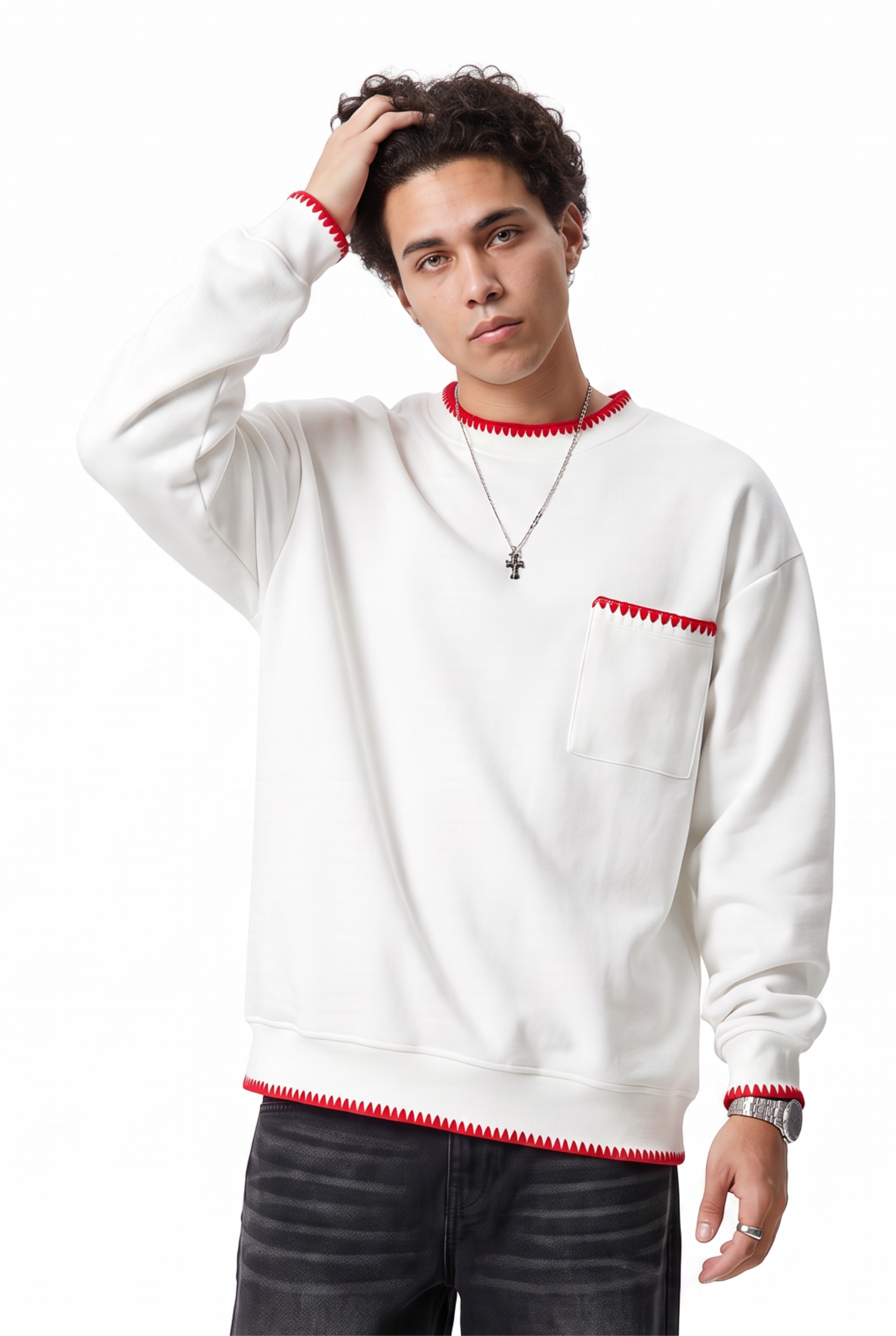 White Ribbed Cuff Crew Sweatshirt