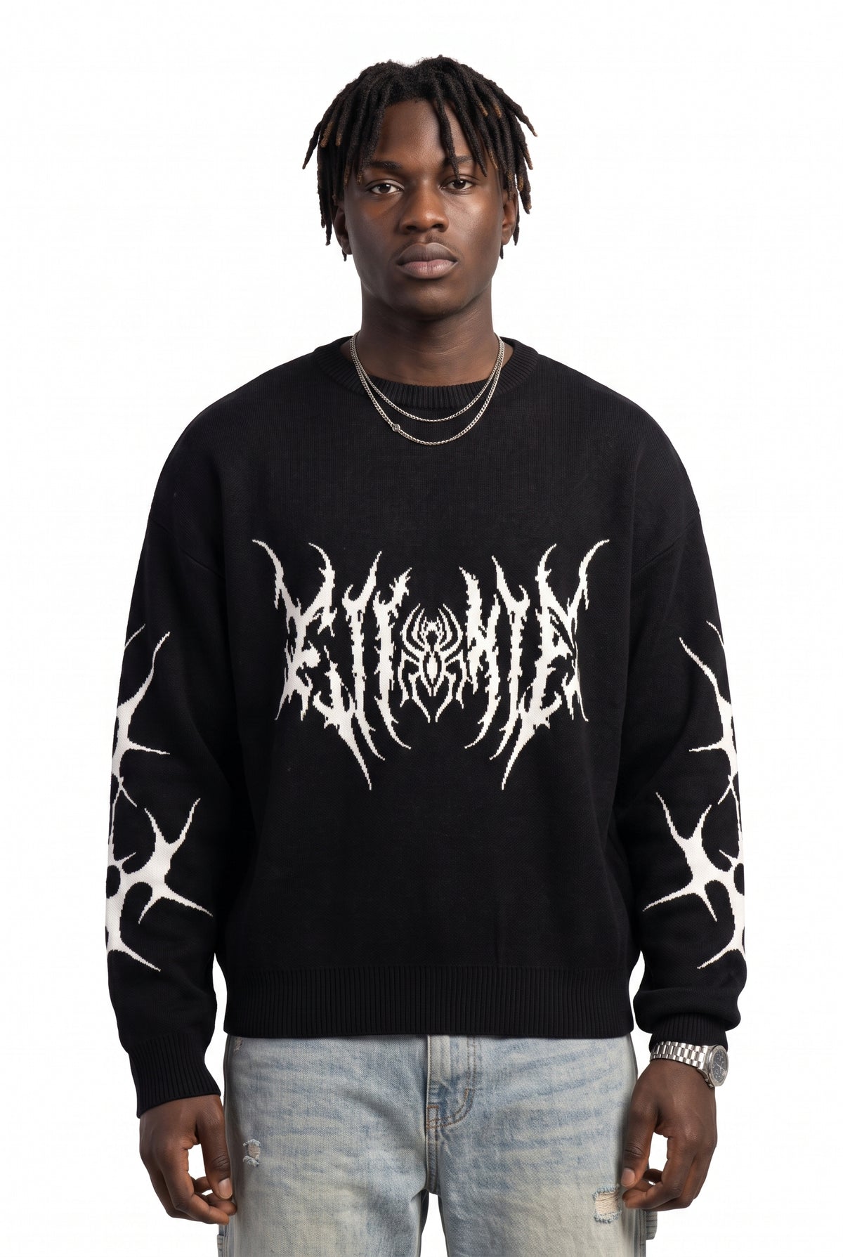 Gothic Print Black Knit Sweater