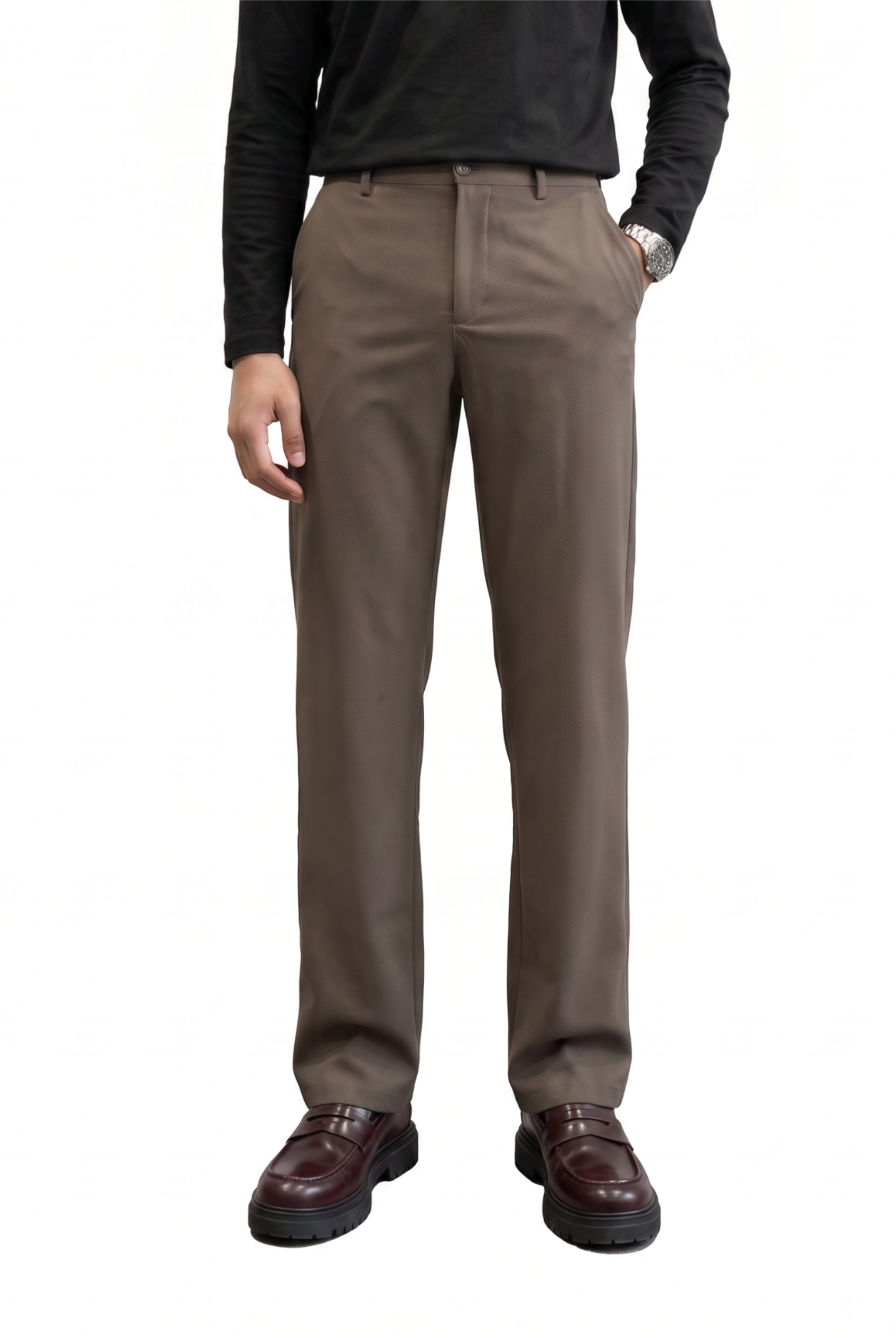 Brown Flat Front Slim Formal Trousers