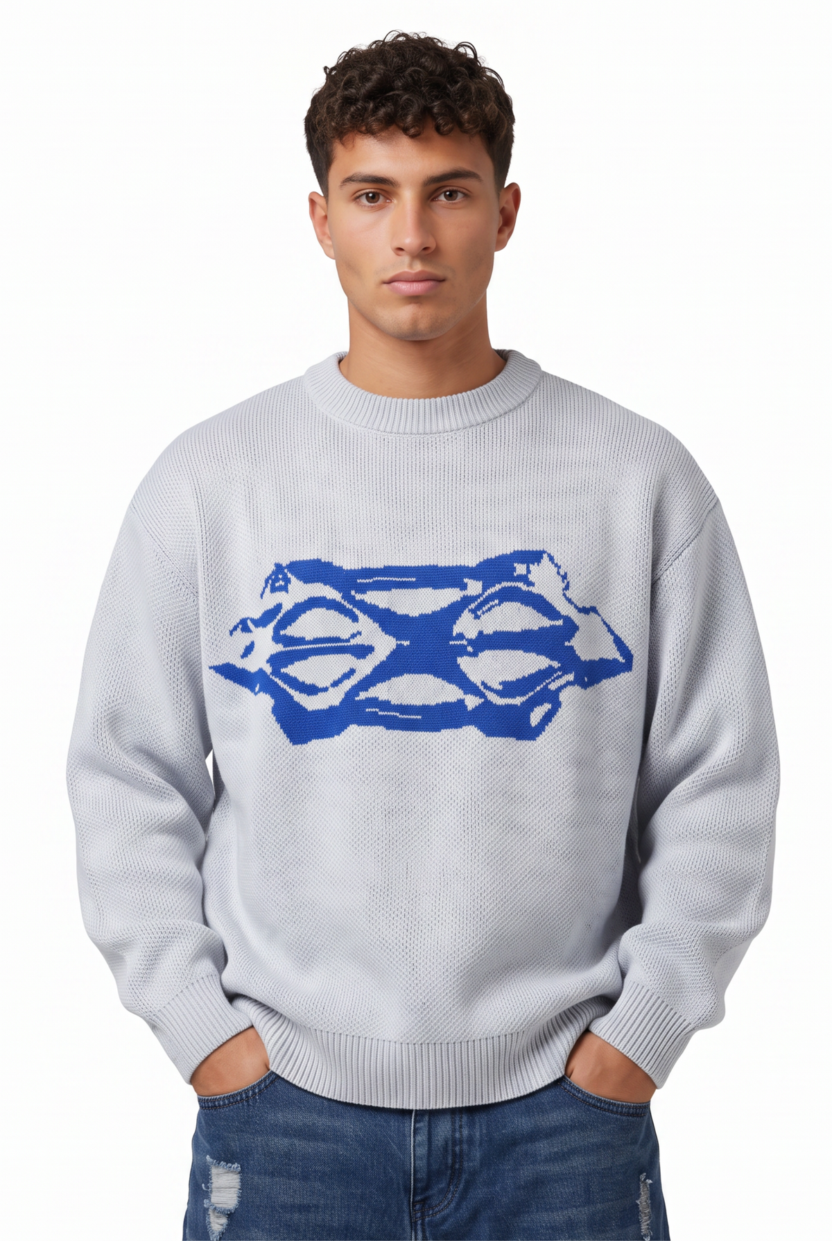Oversized Grey Graphic Knit Sweater