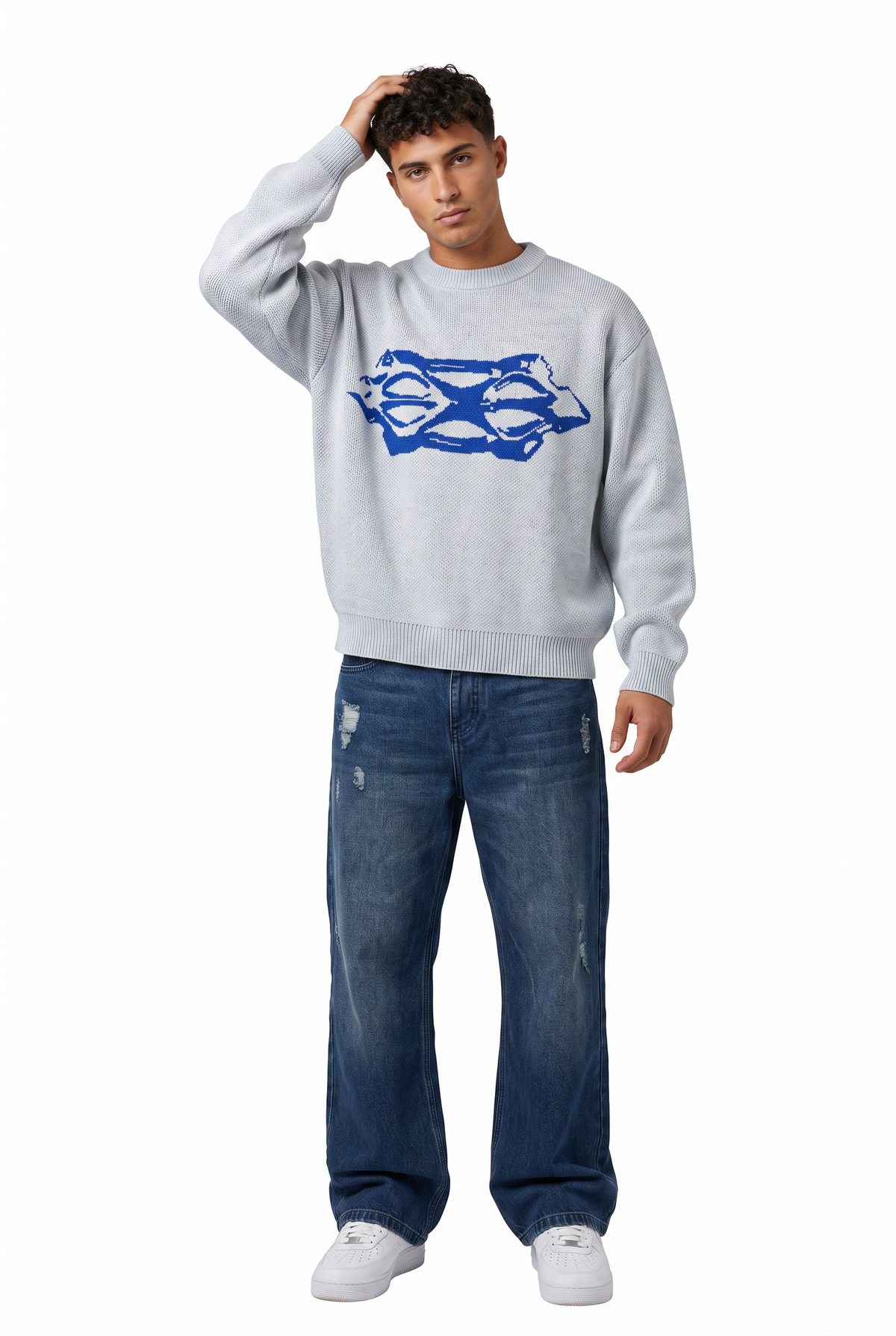 Oversized Grey Graphic Knit Sweater