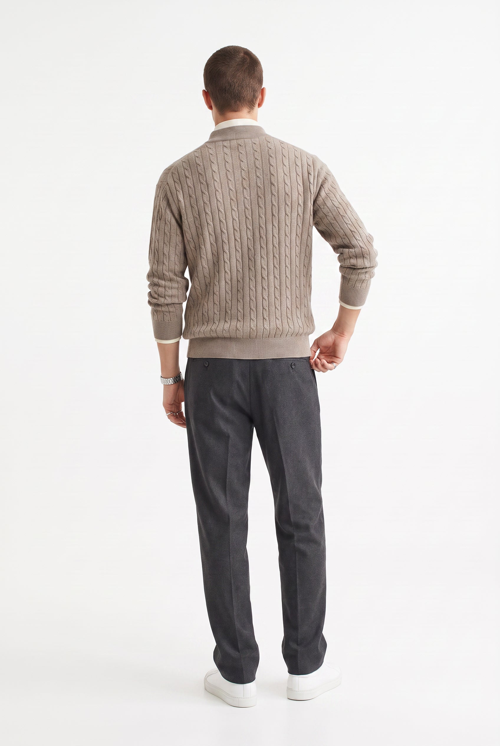 Beige Ribbed Crew Neck Sweater