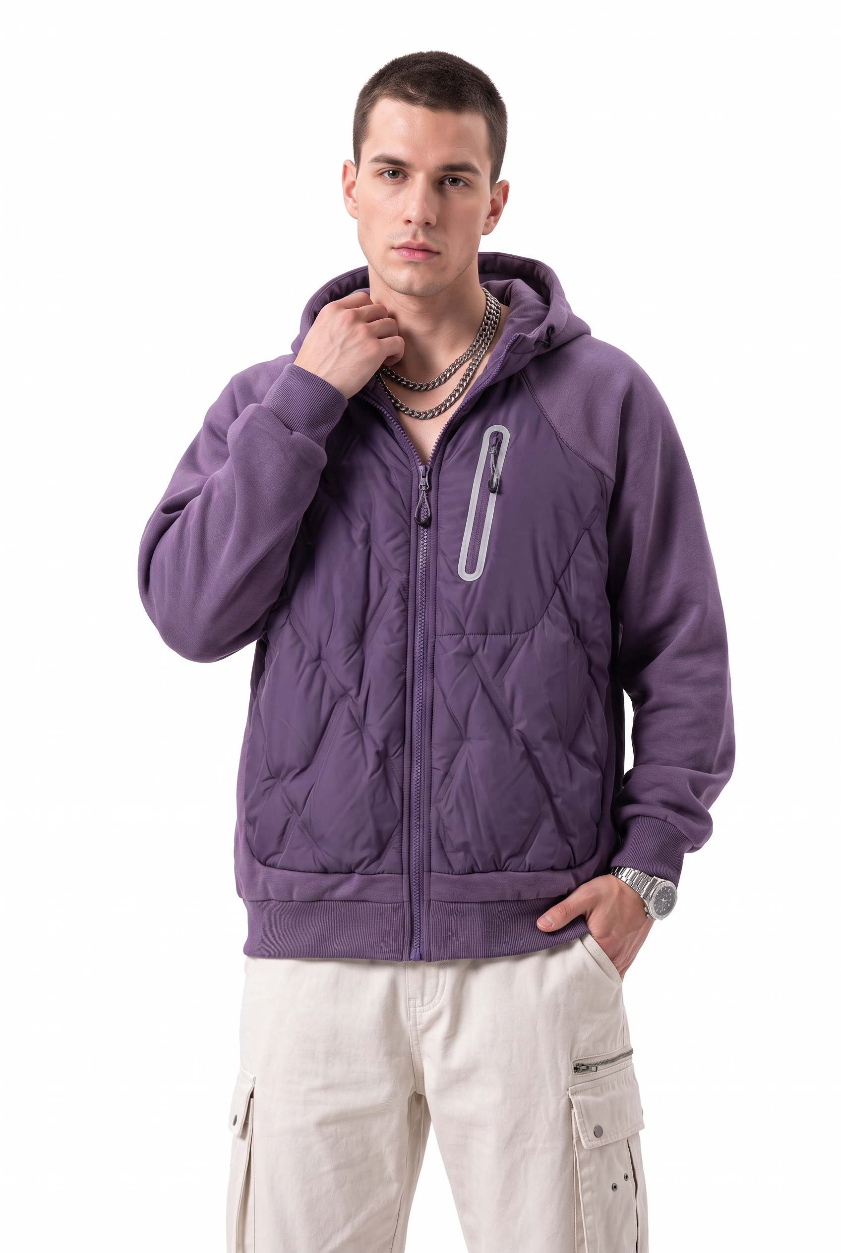 Purple Zip-Up Mandarin Collar Jacket