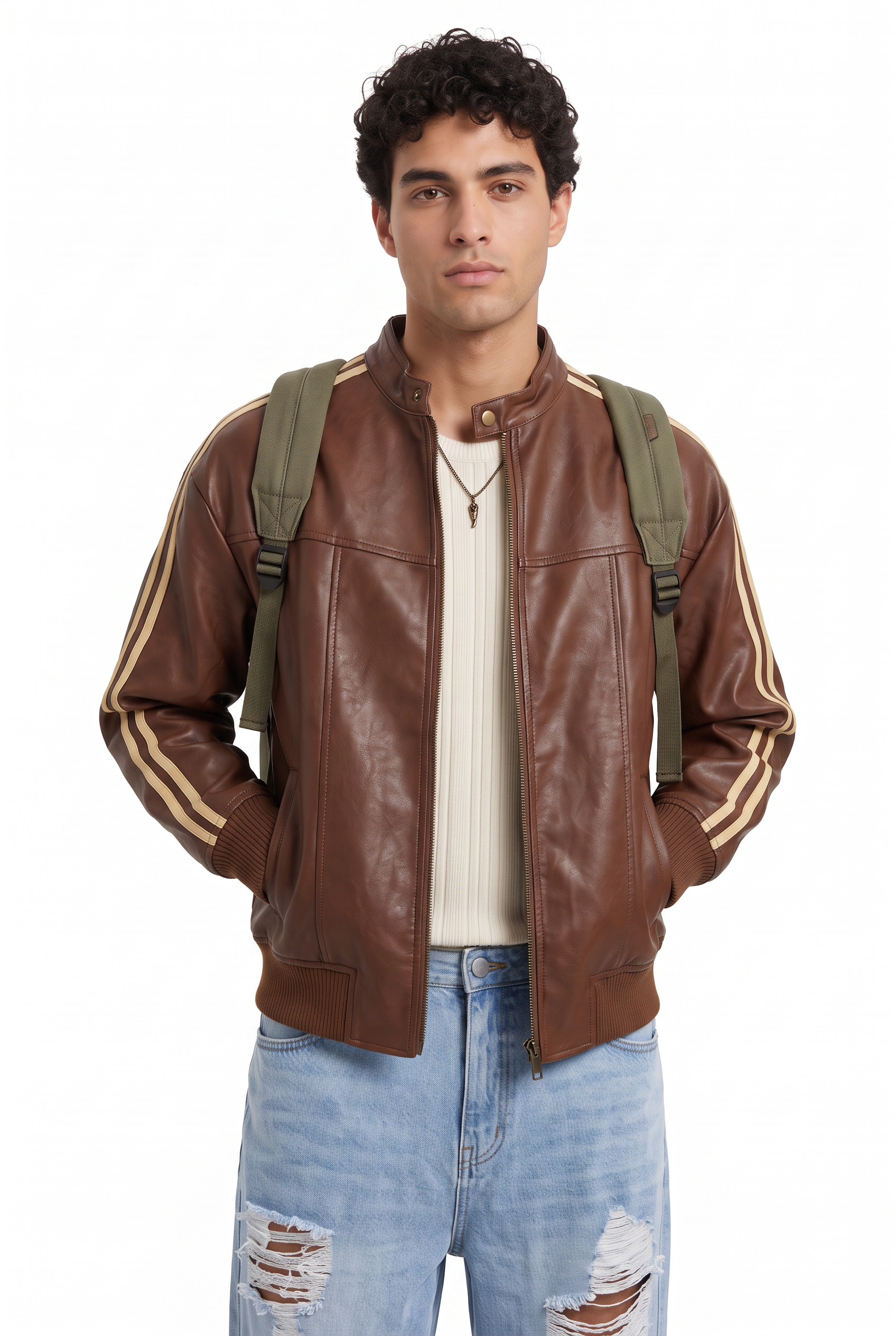 Brown Zip Mandarin Collar Jacket