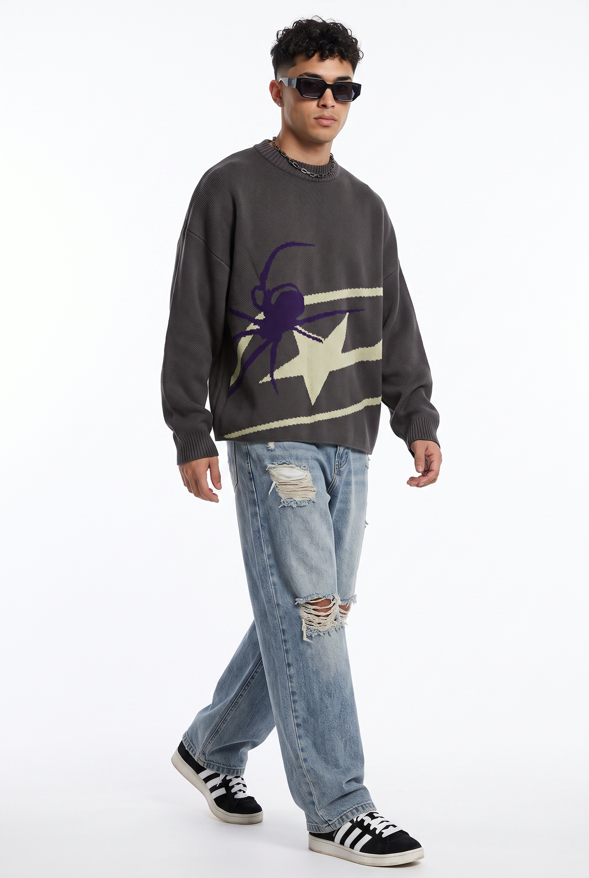 Spider Graphic Grey Knit Sweater