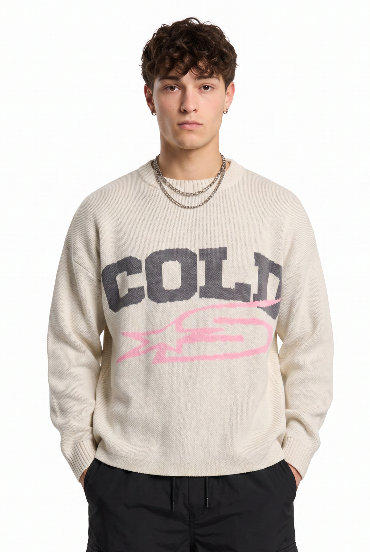 Oversized Cream Graphic Knit Sweater