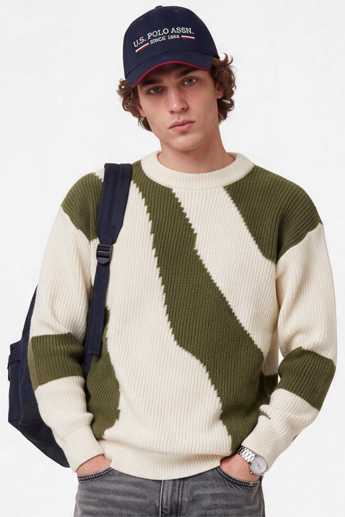 Cream Tapered Colorblock Knit Sweater