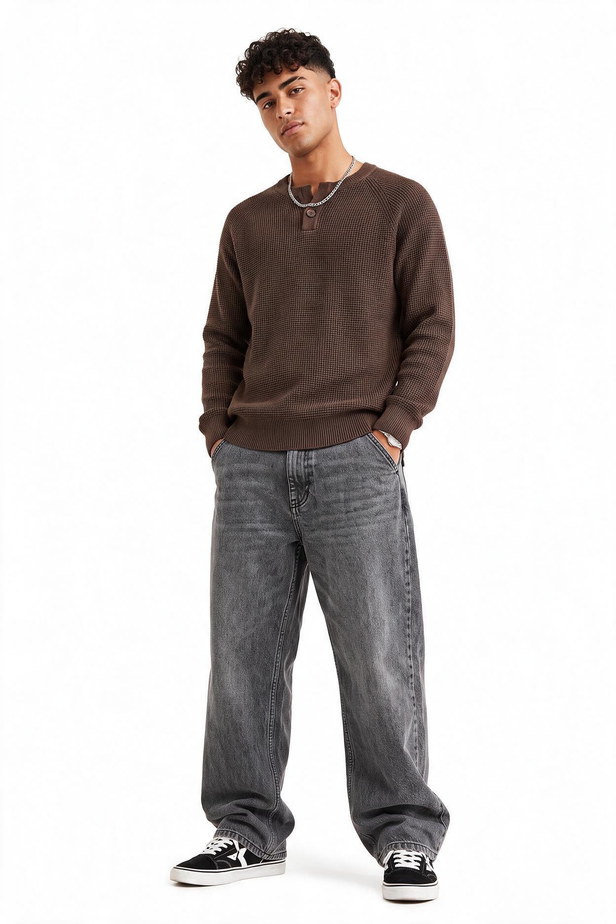 Brown Ribbed Crew Neck Sweater