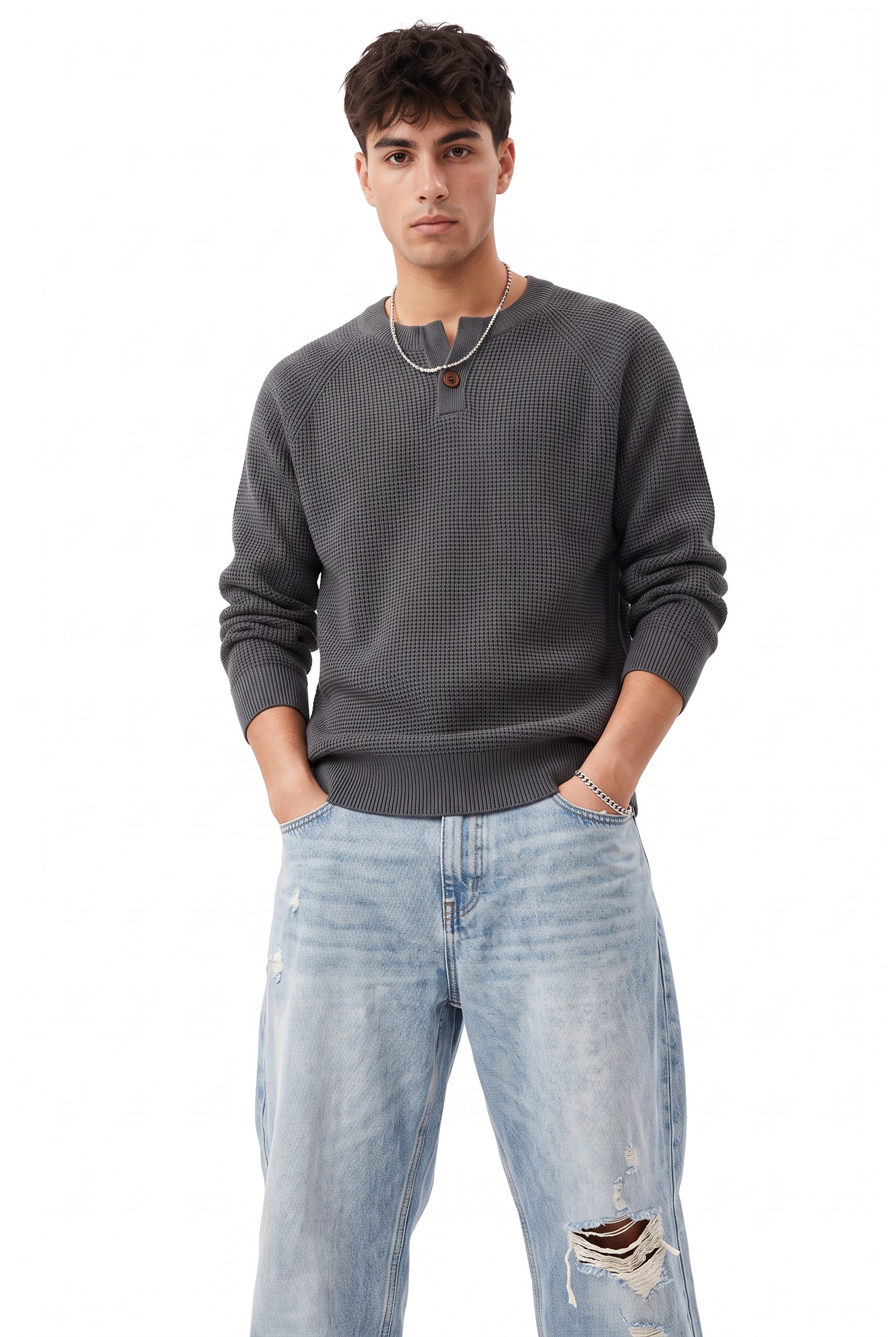 Grey Ribbed Crew Neck Sweater