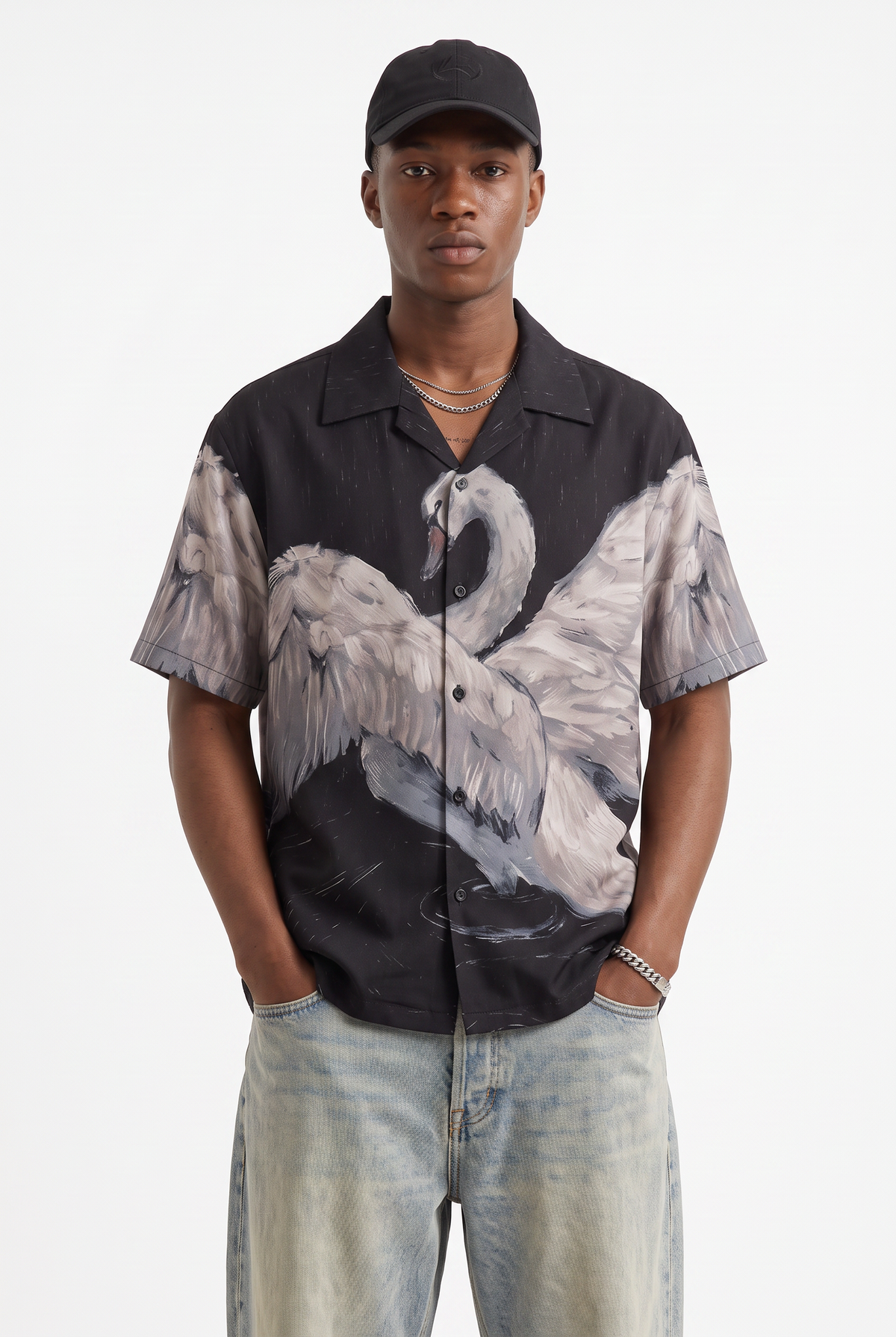 Swan Print Black Camp Shirt