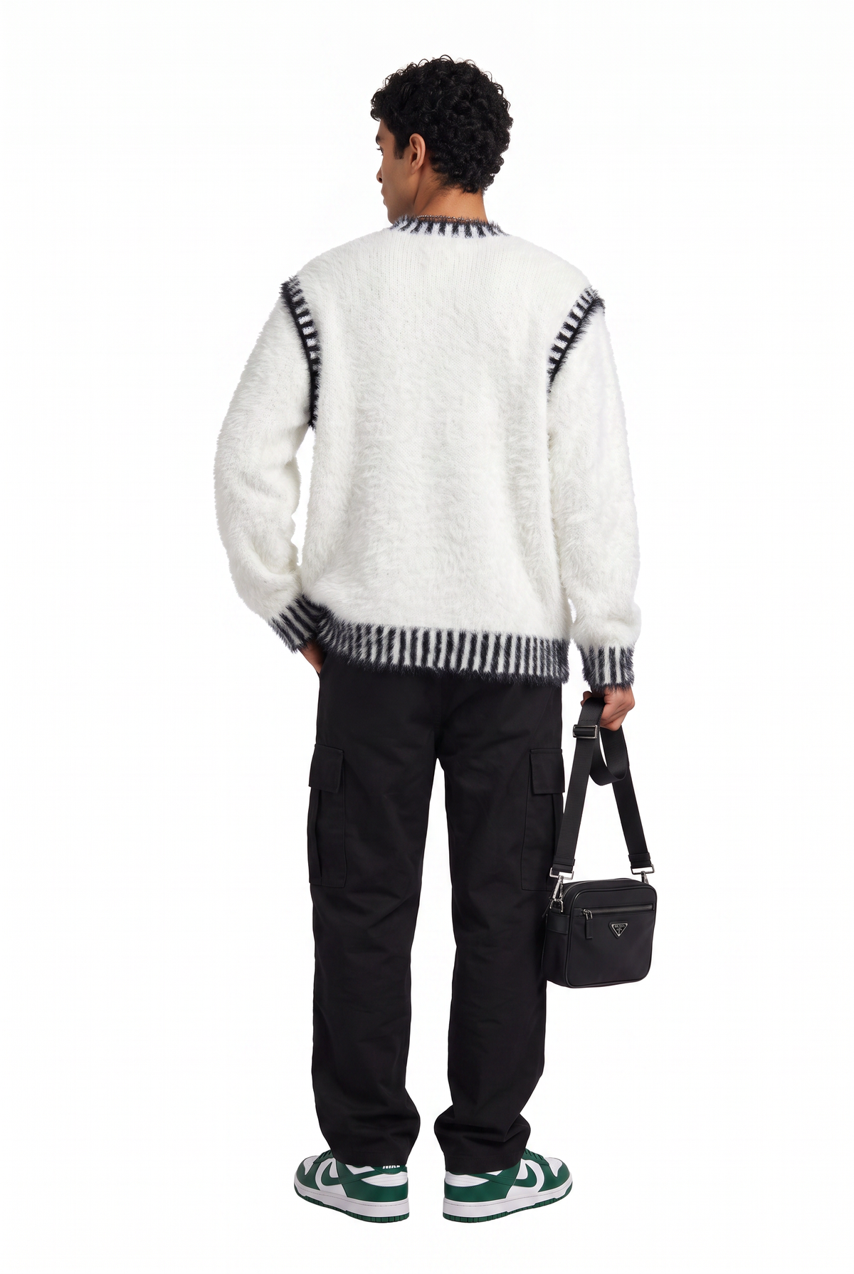 Textured White Striped Trim Sweater