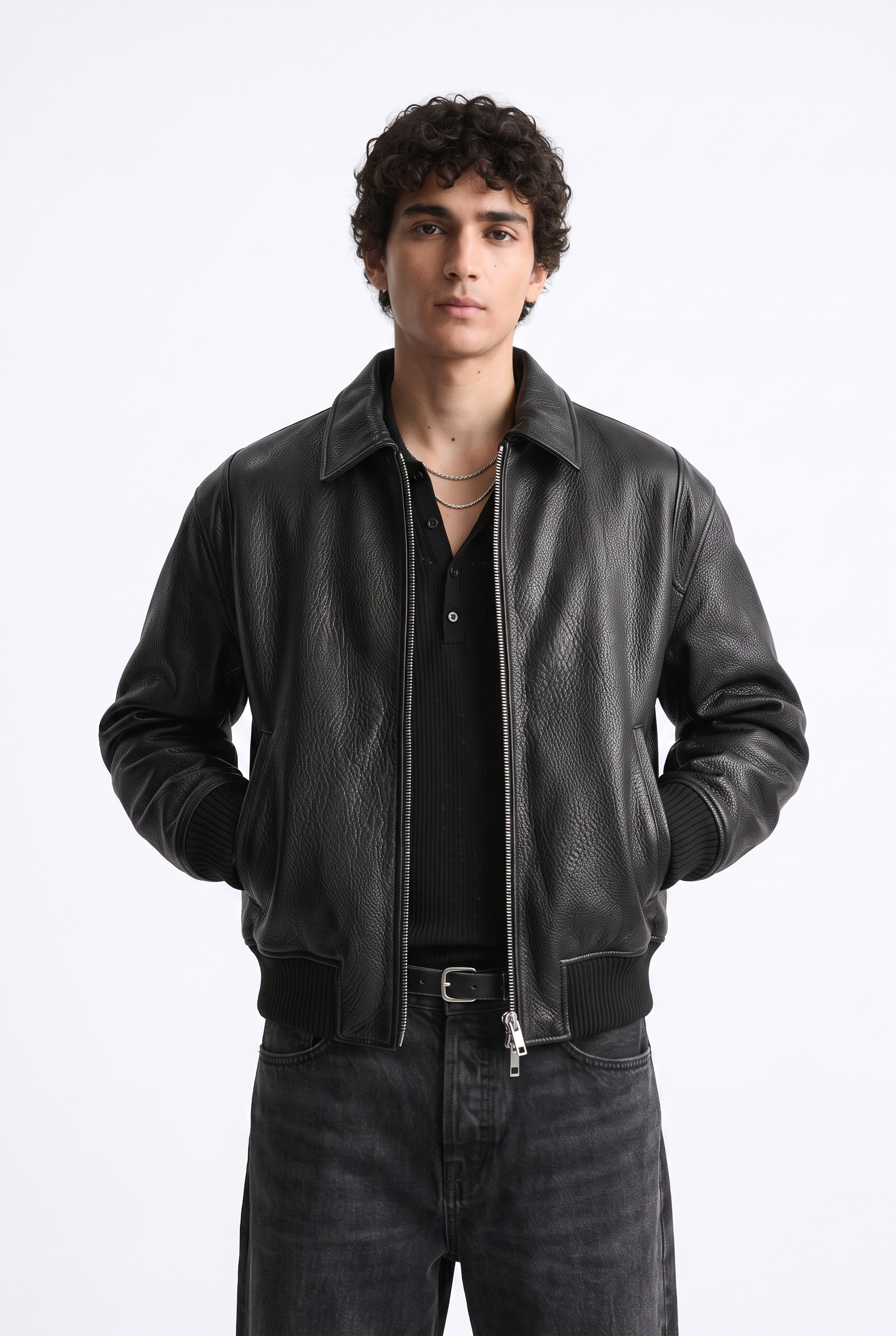 Black Zip-Up Mandarin Collar Jacket
