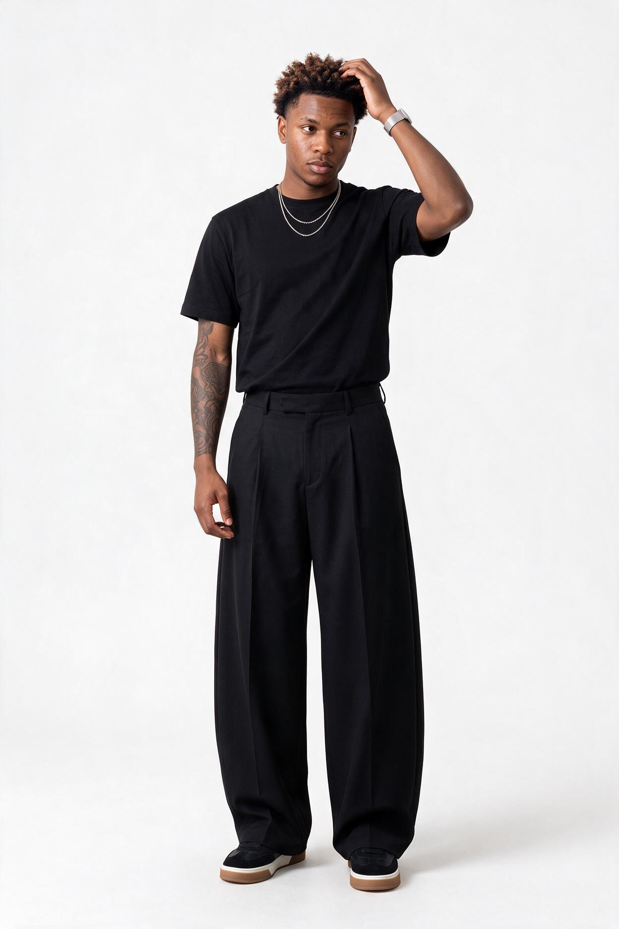 Black Drawstring Straight Casual Trousers
