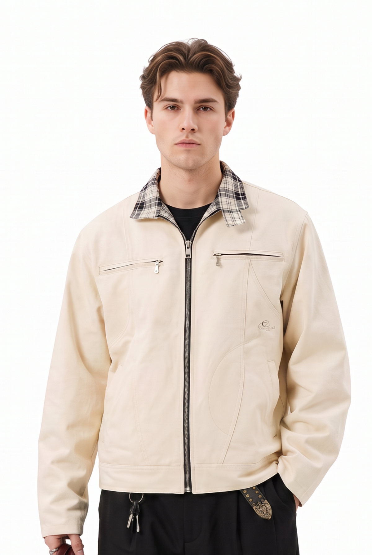 Cream Regular Plaid Collar Jacket