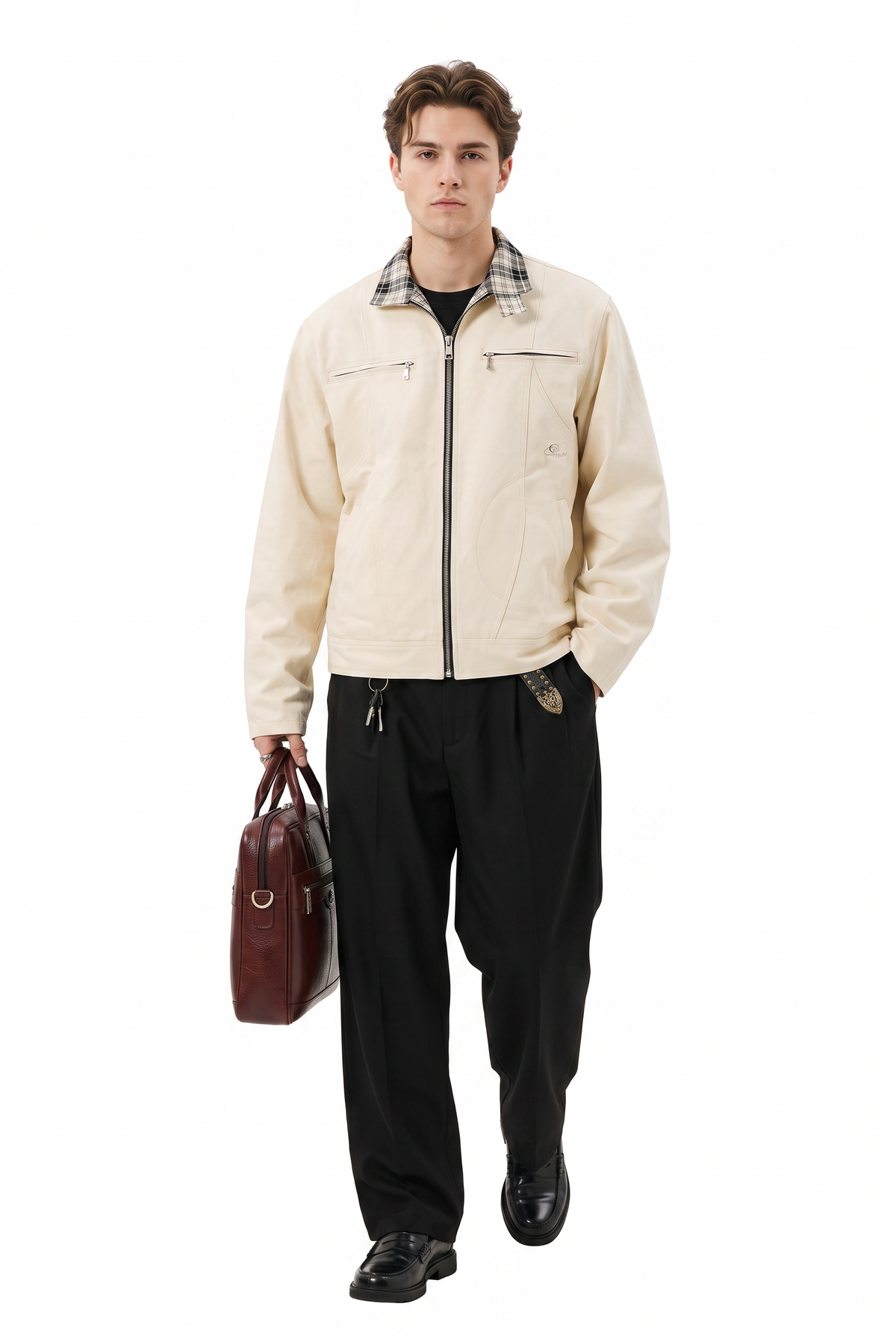 Cream Regular Plaid Collar Jacket