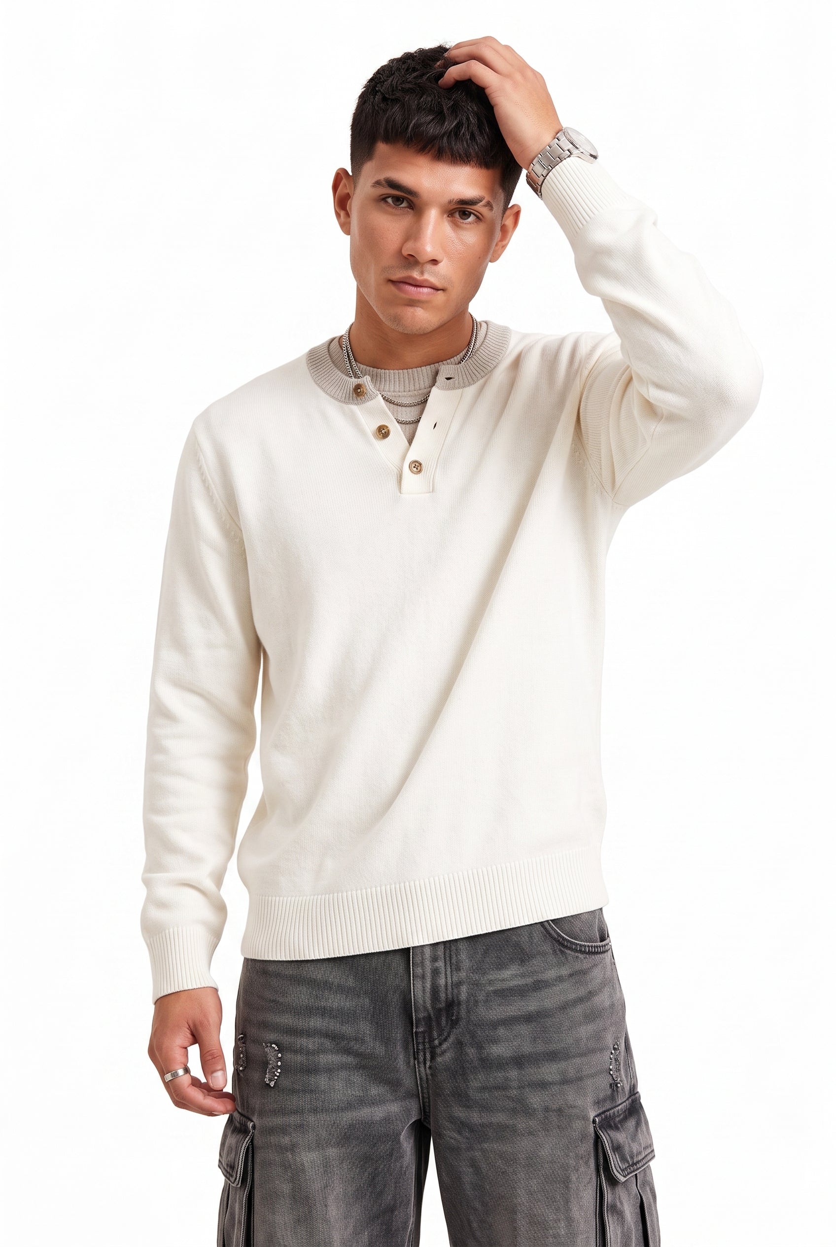 Cream Ribbed Crew Neck Sweater