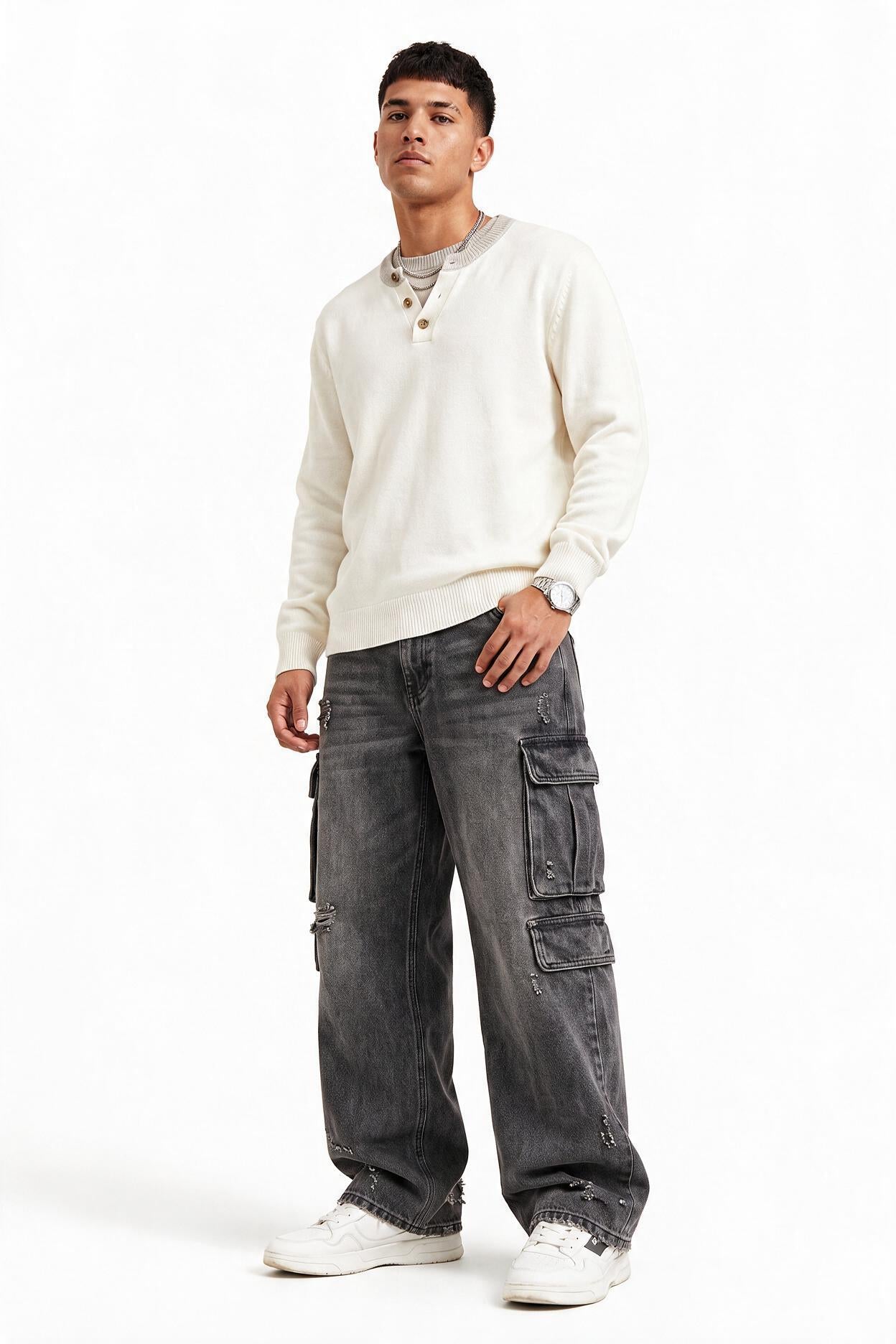 Cream Ribbed Crew Neck Sweater