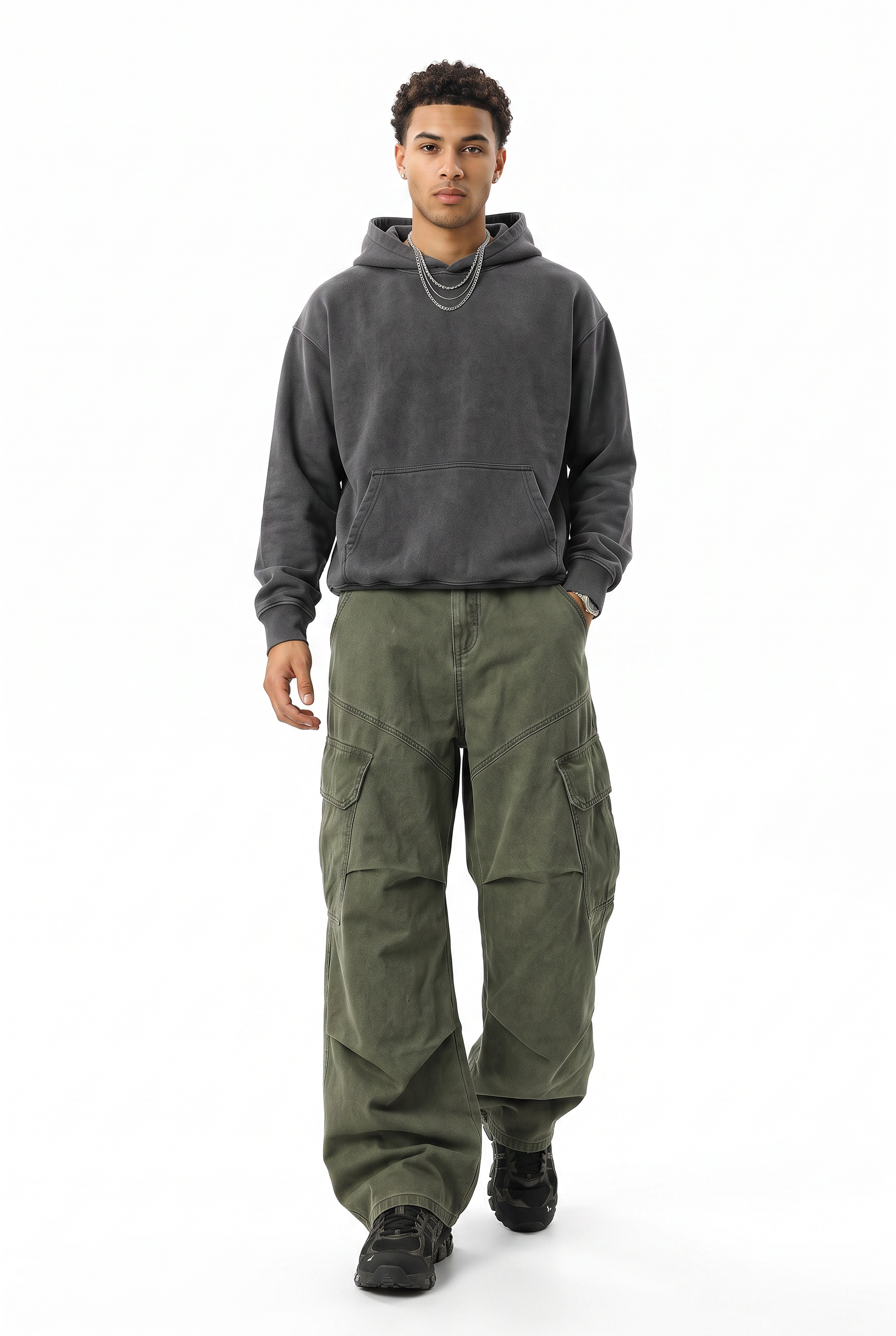 Olive Drawstring Straight Casual Trousers